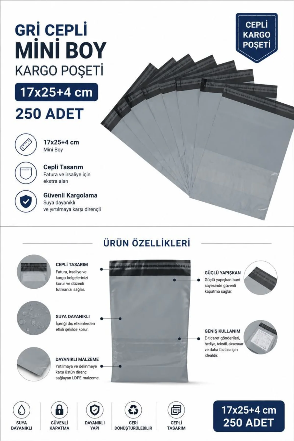 Gri Cepli Mini Boy Kargo Poşeti 17x25+4 Cm 250 Adet - Just Cheap Store Görsel 2