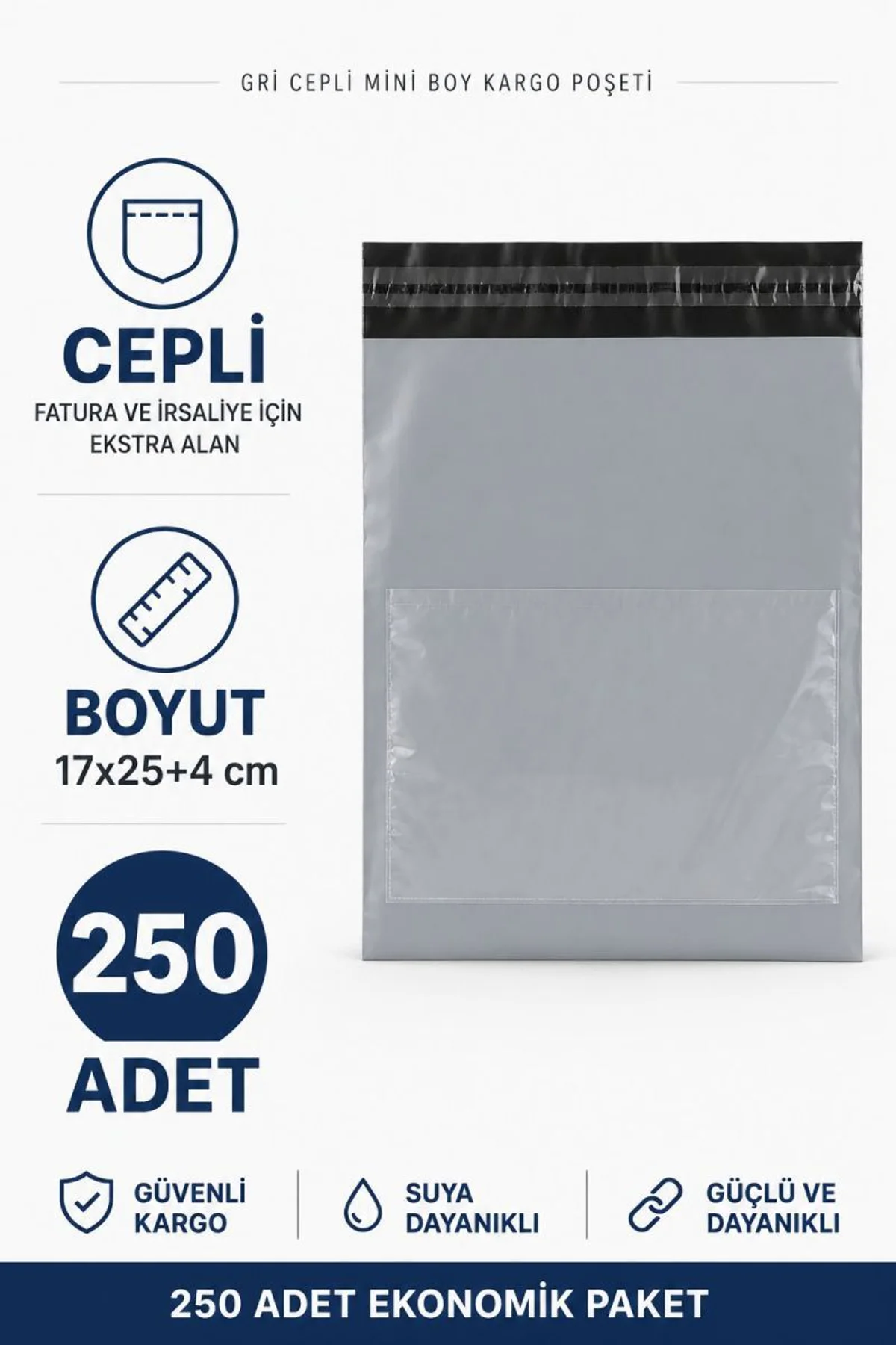 Gri Cepli Mini Boy Kargo Poşeti 17x25+4 Cm 250 Adet