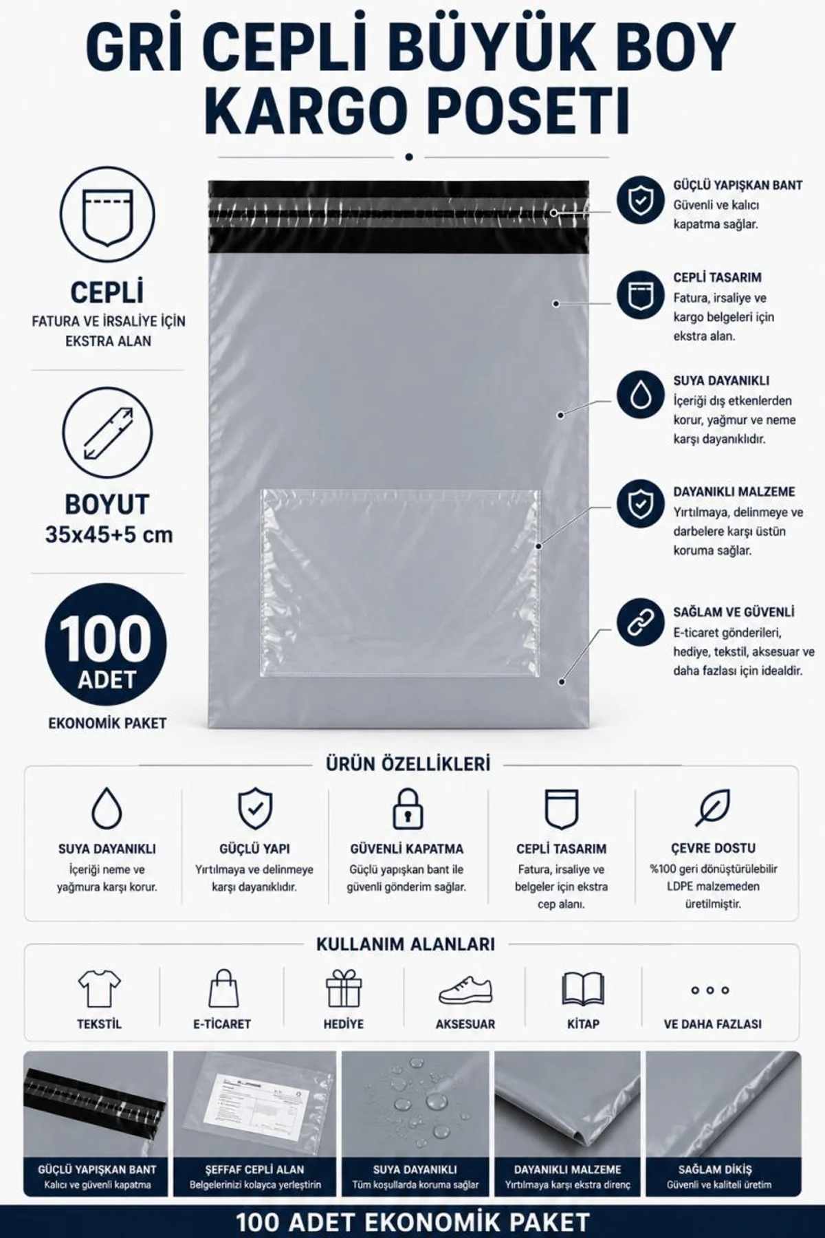 Gri Cepli Büyük Boy Kargo Poşeti 35x45+5 Cm 100 Adet - Just Cheap Store Görsel 2