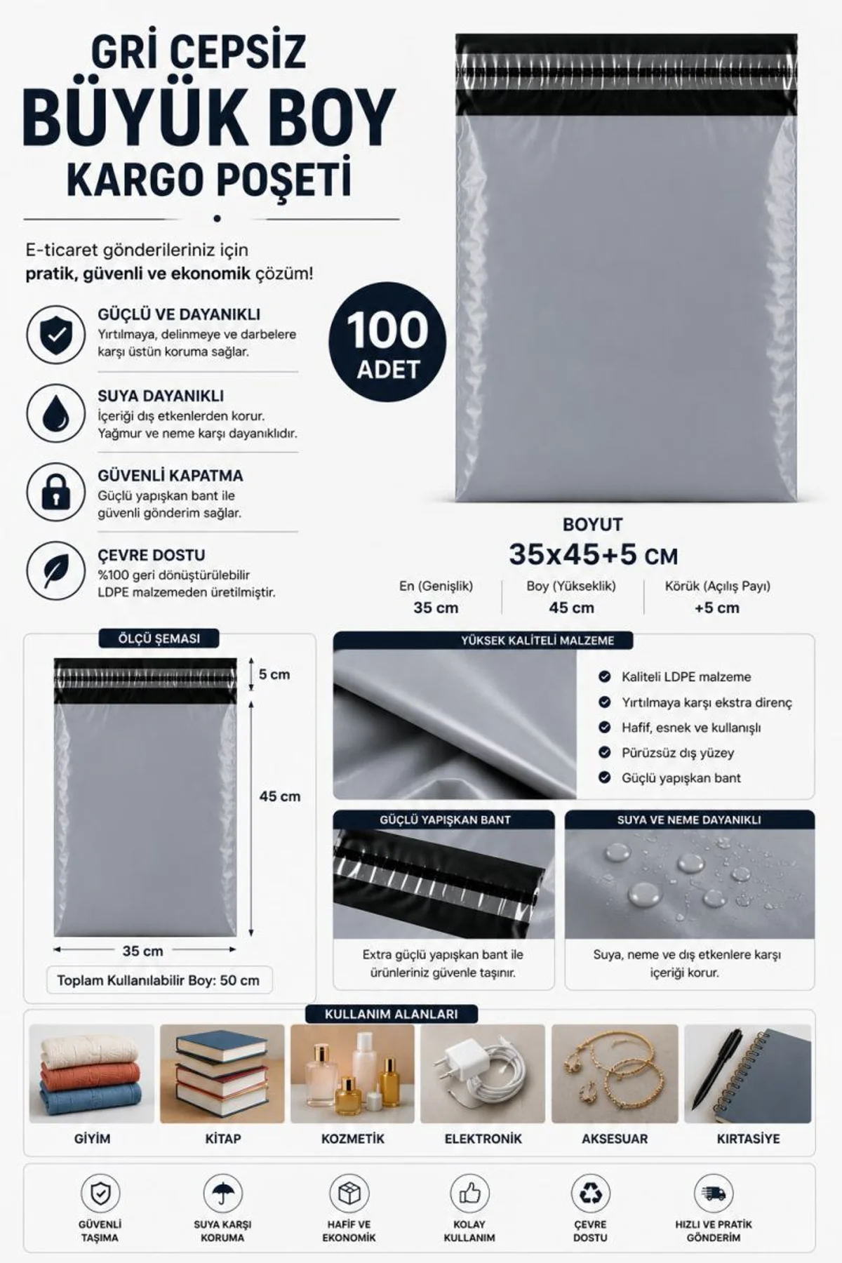 Gri Cepsiz Büyük Boy Kargo Poşeti 35x45+5 Cm 100 Adet - Just Cheap Store Görsel 2