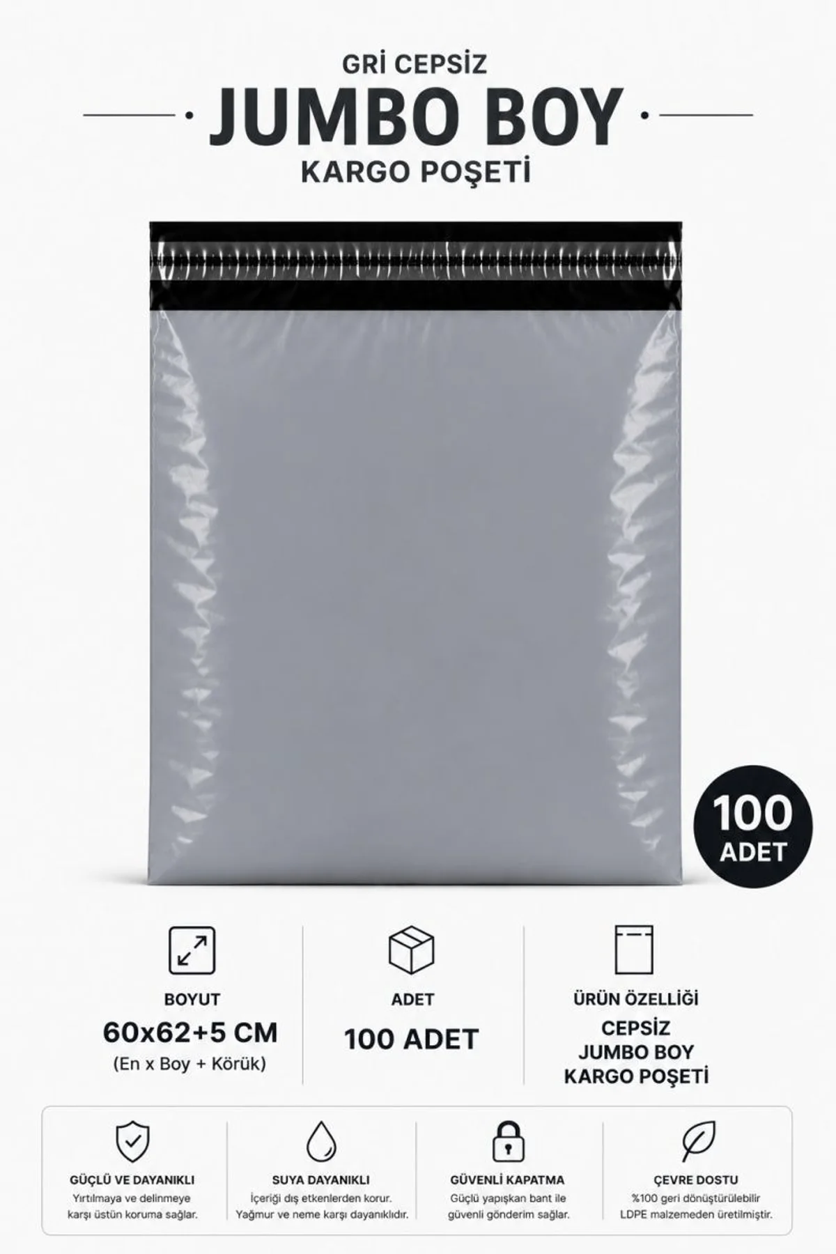 Gri Cepsiz Jumbo Boy Kargo Poşeti 60x62+5 Cm 100 Adet