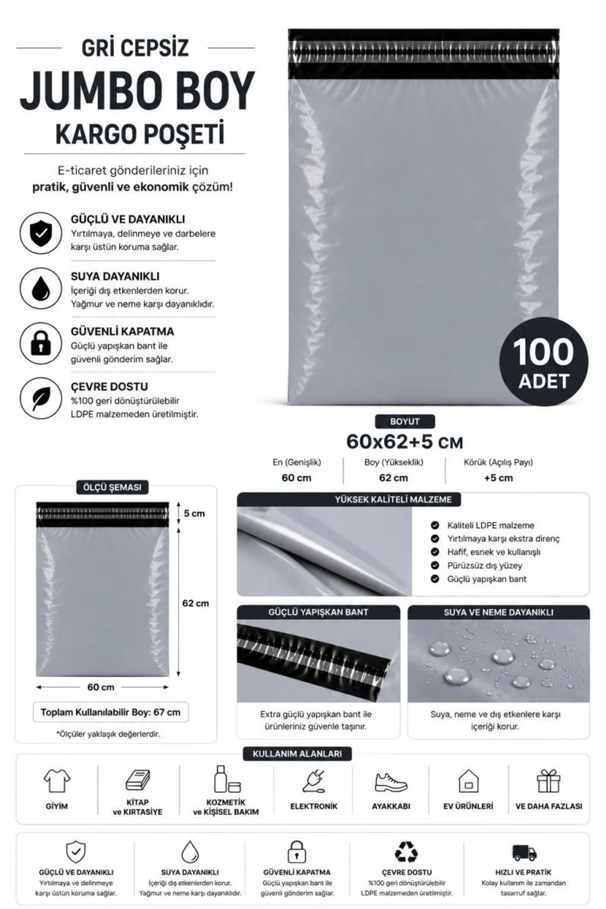 Gri Cepsiz Jumbo Boy Kargo Poşeti 60x62+5 Cm 100 Adet - Just Cheap Store Görsel 2