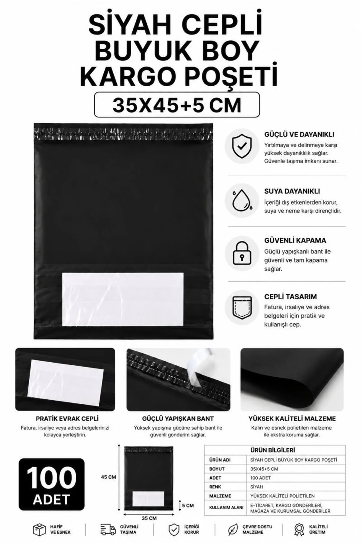Siyah Cepli Büyük Boy Kargo Poşeti 35x45+5 Cm 100 Adet - Just Cheap Store Görsel 2