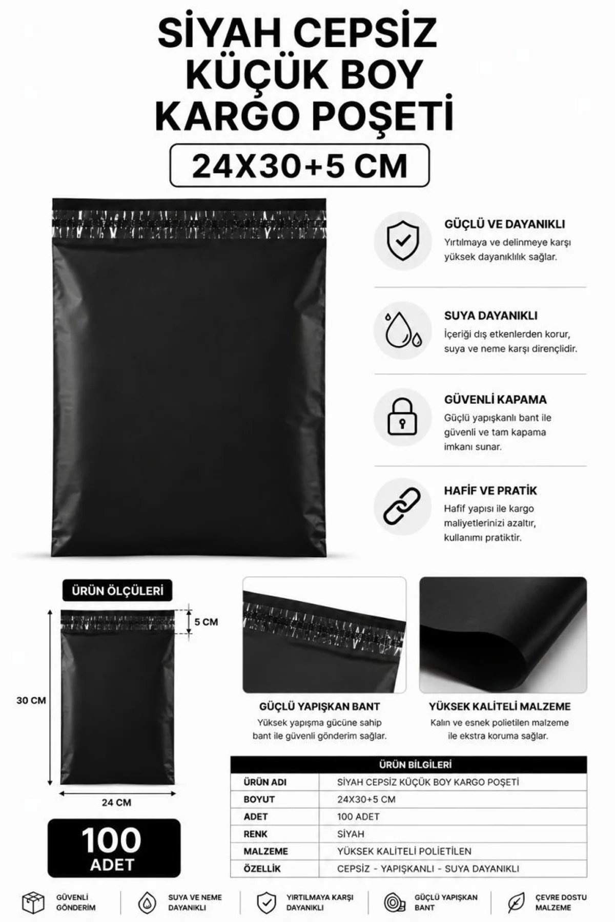 Siyah Cepsiz Küçük Boy Kargo Poşeti 24x30+5 Cm 100 Adet - Just Cheap Store Görsel 2