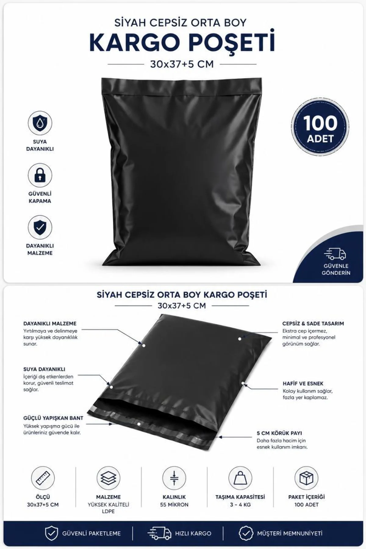 Siyah Cepsiz Orta Boy Kargo Poşeti 30x37+5 Cm 100 Adet - Just Cheap Store Görsel 2