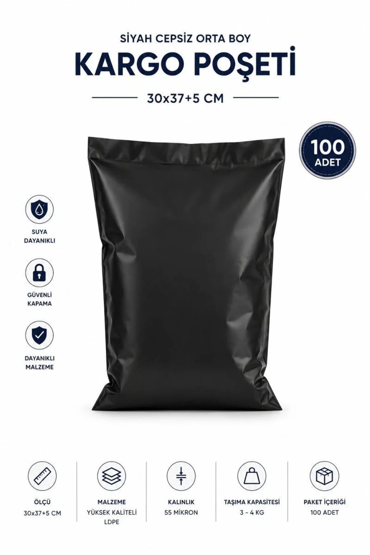 Siyah Cepsiz Orta Boy Kargo Poşeti 30x37+5 Cm 100 Adet