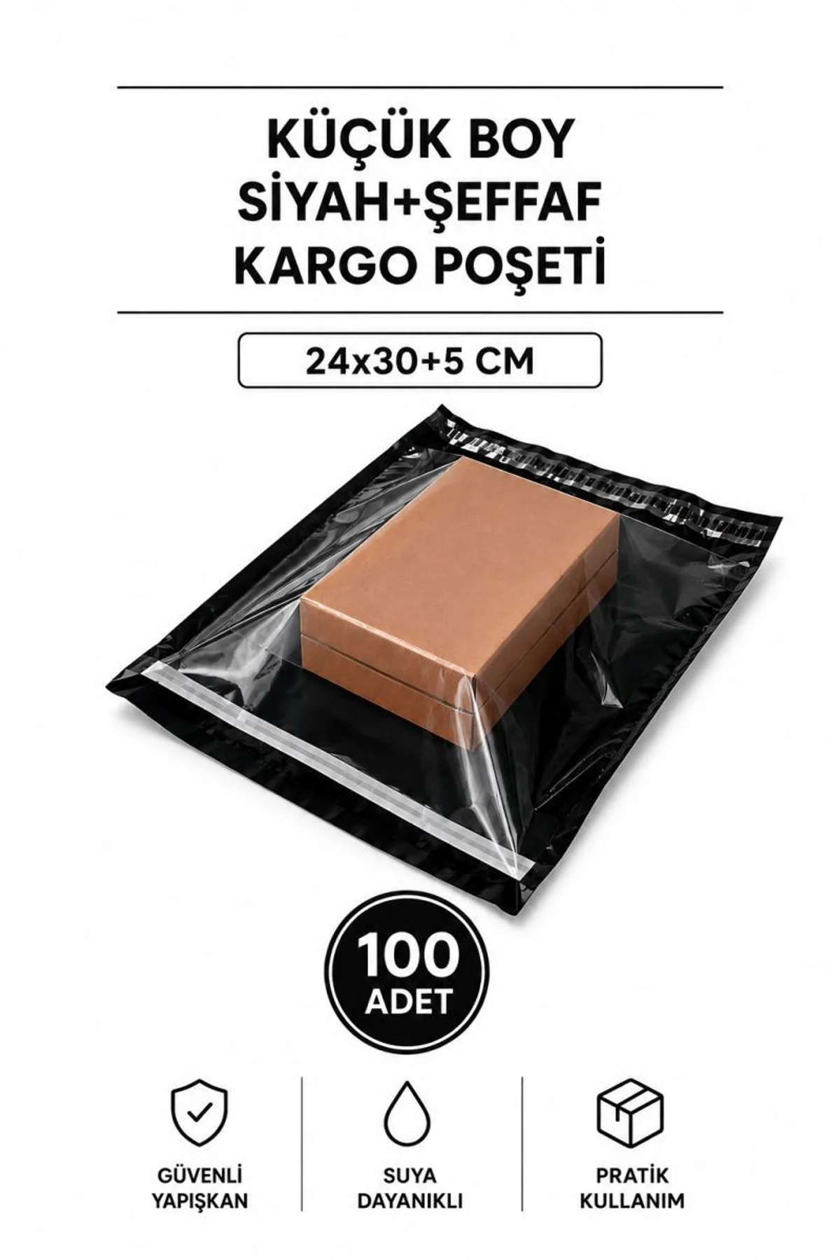 Küçük Boy Siyah Şeffaf Kargo Poşeti 24x30+5 Cm 100 Adet