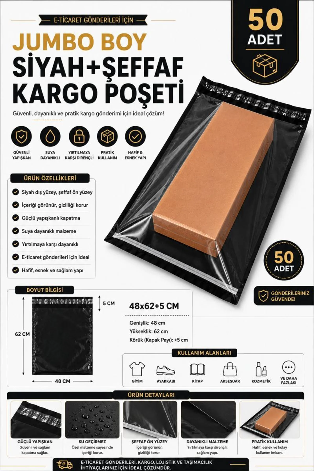 Jumbo Boy Siyah Şeffaf Kargo Poşeti 48x62+5 Cm 50 Adet - Just Cheap Store Görsel 2