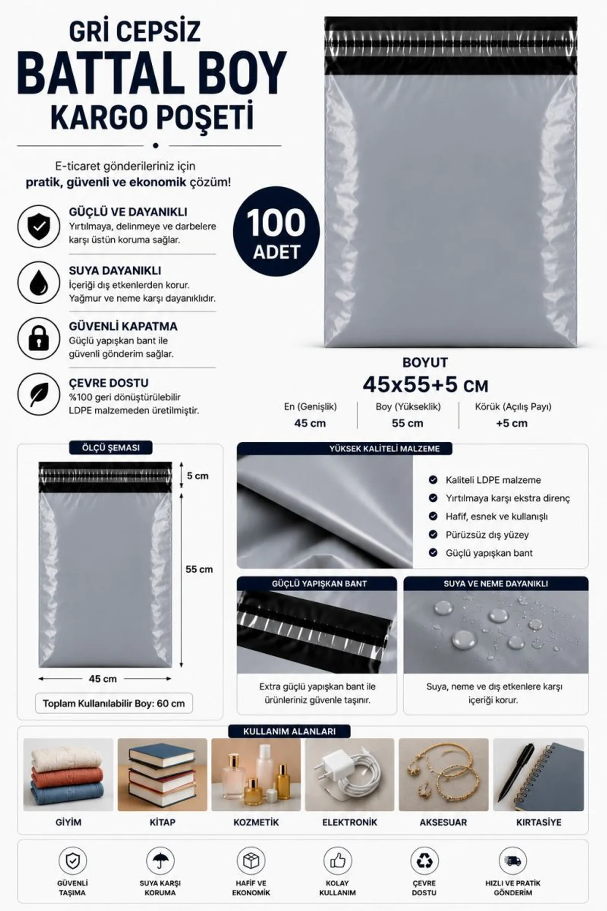 Gri Cepsiz Battal Boy Kargo Poşeti 45x55+5 Cm 100 Adet - Just Cheap Store Görsel 2