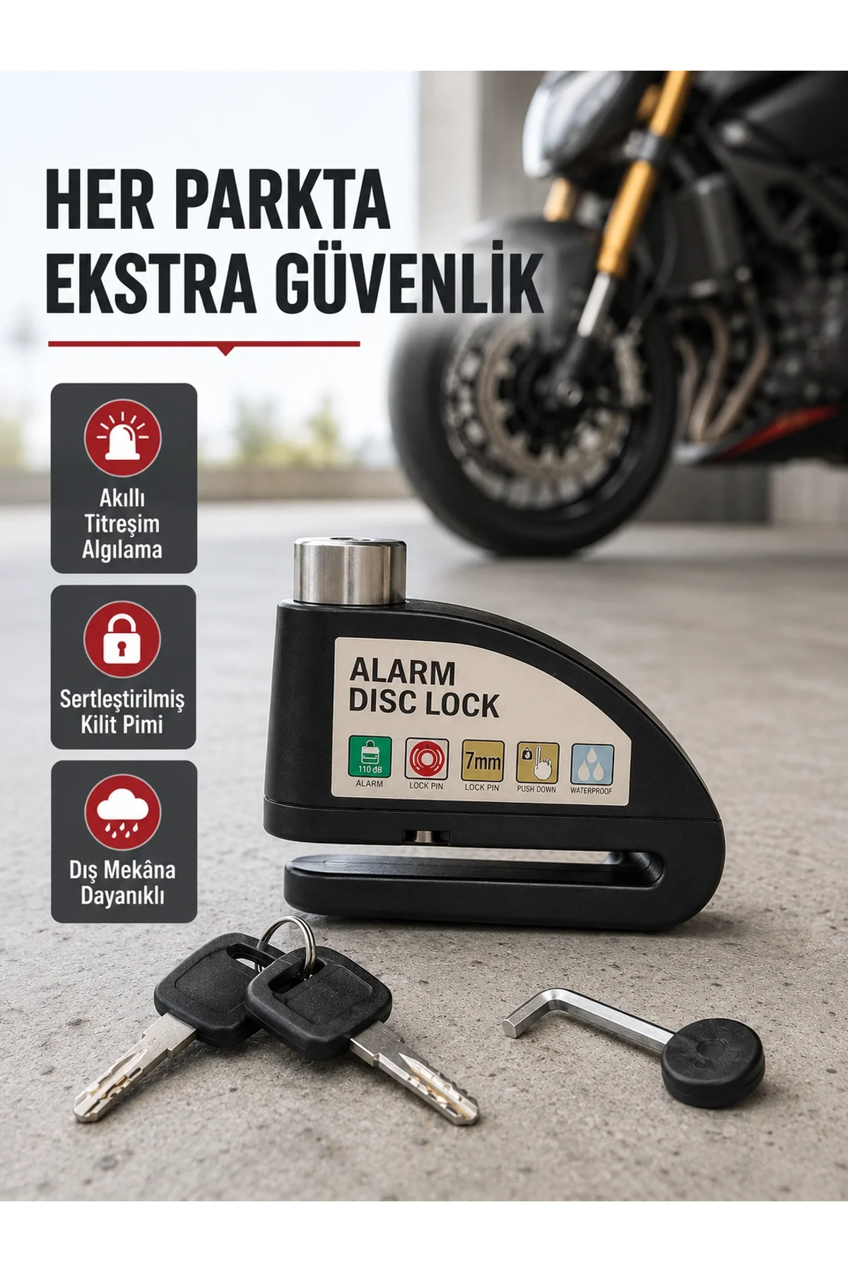 Titreşim Sensörlü Alarmlı Motosiklet Disk Kilidi 14mm Çelik Çift Kilitleme