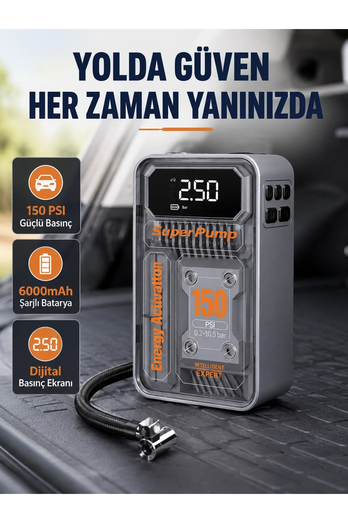 Şarjlı Kablosuz Hava Pompası – 150 Psı Basınç, Led Ekran Ve 6000mah Batarya