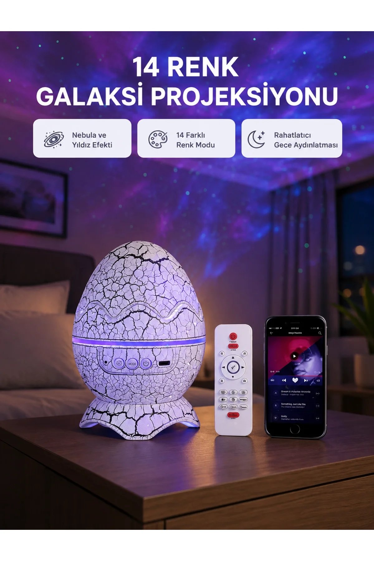 Yıldızlı Gökyüzü Dinozor Yumurta Projektör – Ayarlanabilir Parlaklık Ve Hız