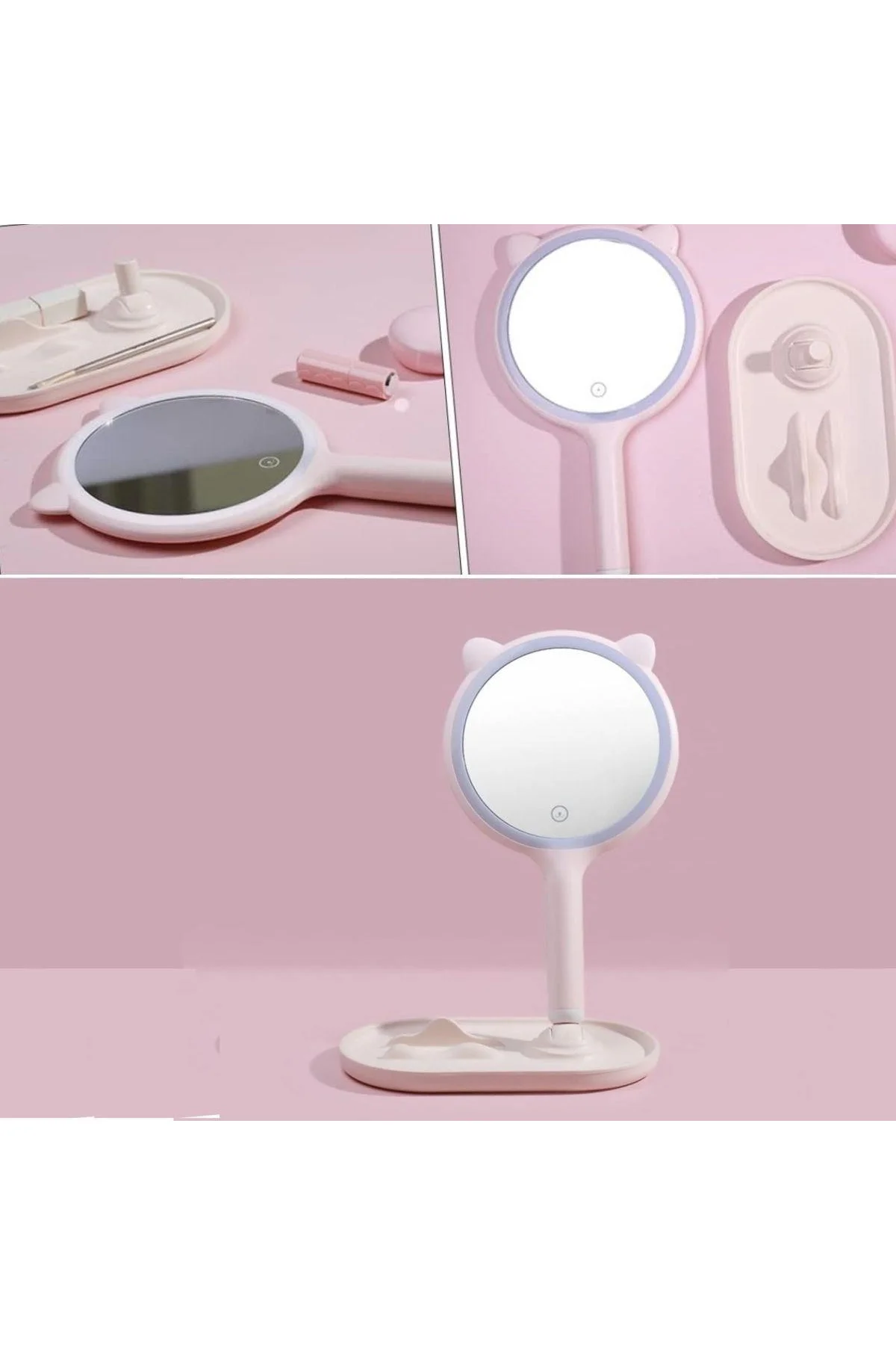 Kedi Kulaklı Telefon Standlı Yuvarlak Dokunmatik Led Ayarlı Masa Üstü Makyaj Aynası - Just Cheap Store Görsel 5