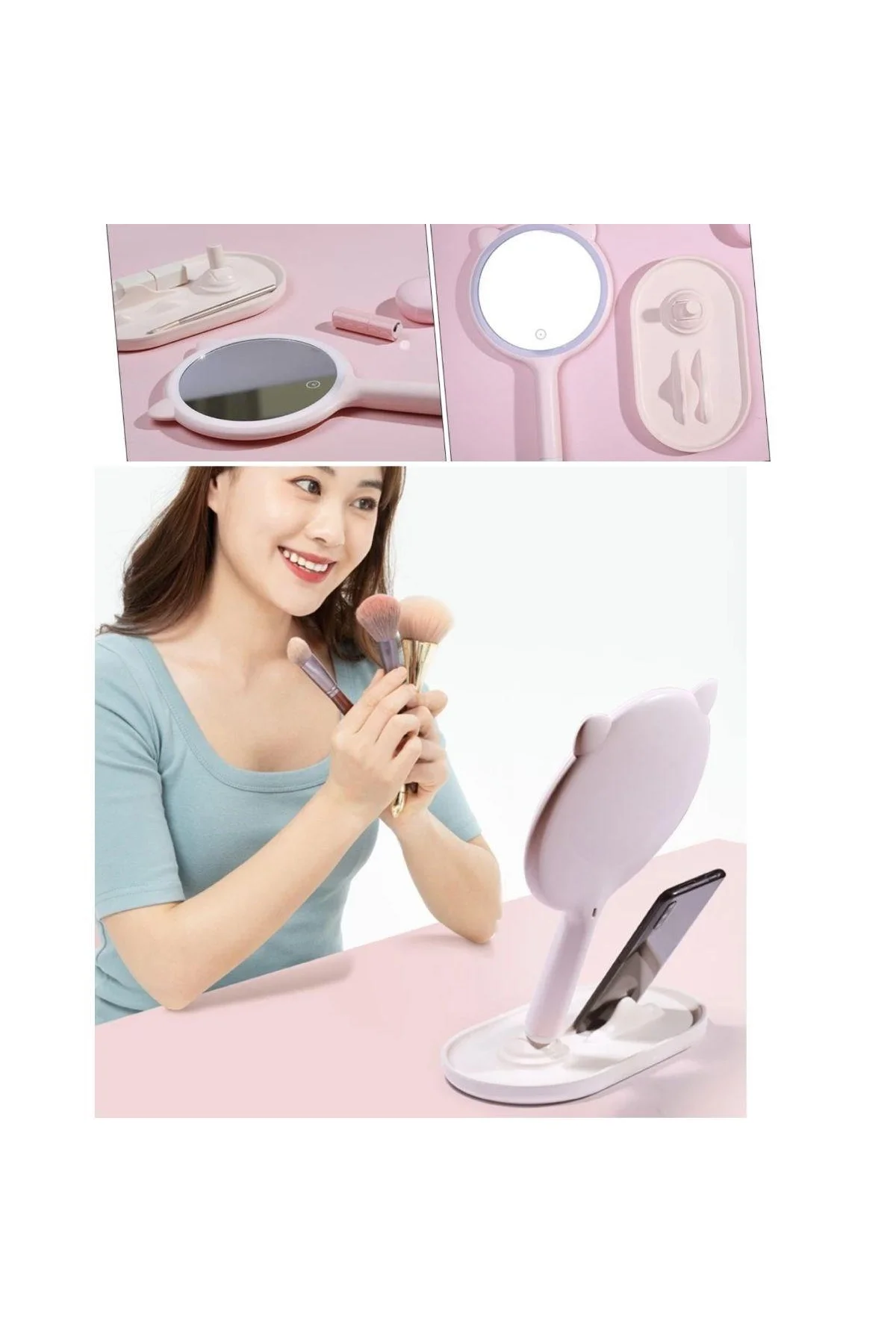 Kedi Kulaklı Telefon Standlı Yuvarlak Dokunmatik Led Ayarlı Masa Üstü Makyaj Aynası - Just Cheap Store Görsel 4