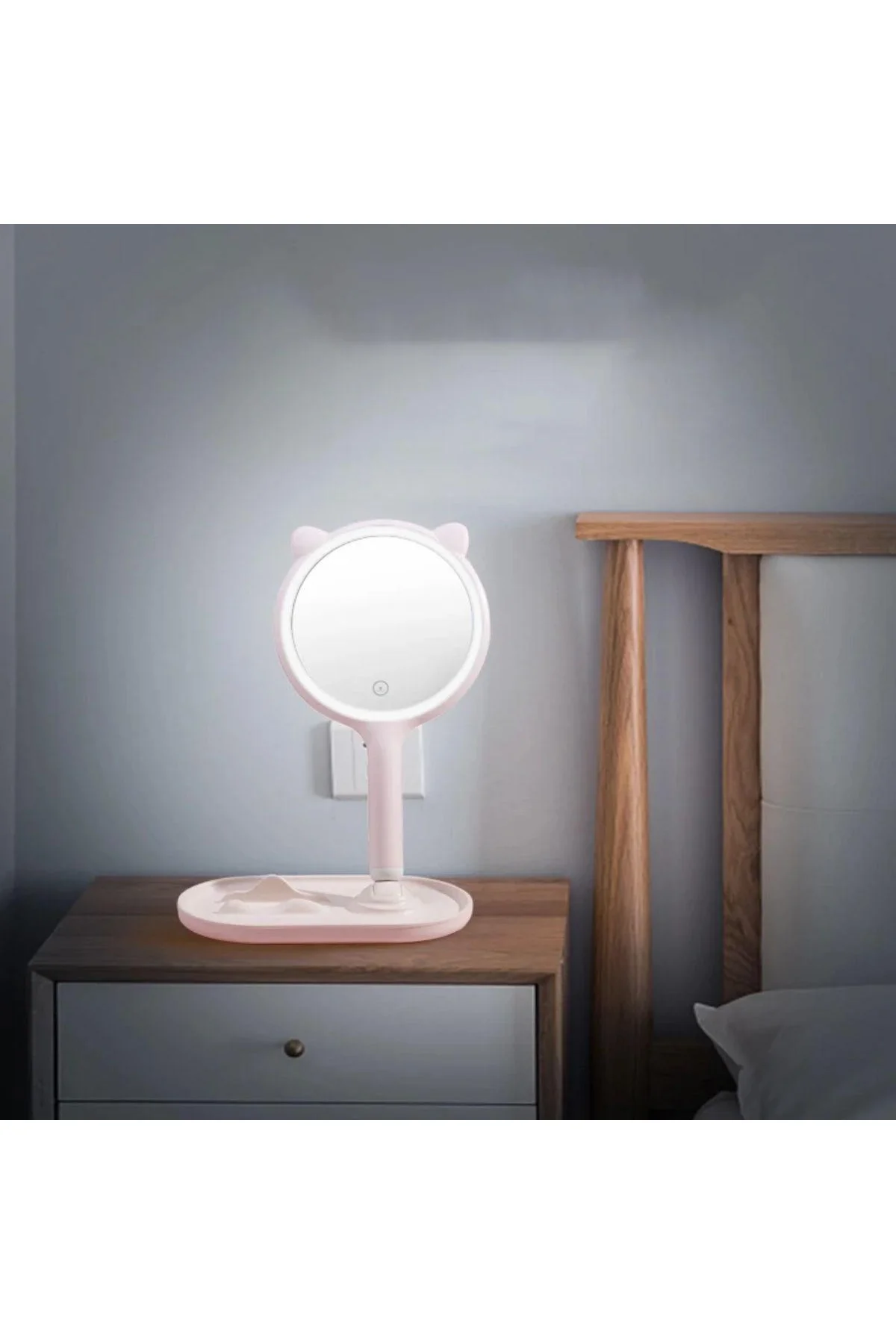 Kedi Kulaklı Telefon Standlı Yuvarlak Dokunmatik Led Ayarlı Masa Üstü Makyaj Aynası - Just Cheap Store Görsel 2