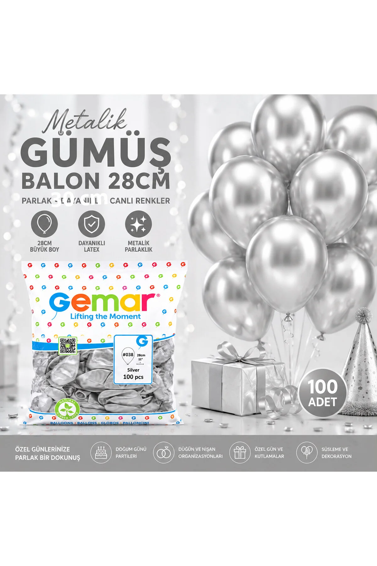 GM-110-38 METALİK - GÜMÜŞ BALON 11&amp;apos;&amp;apos; - 28CM - 100 PARÇA - Just Cheap Store Görsel 2