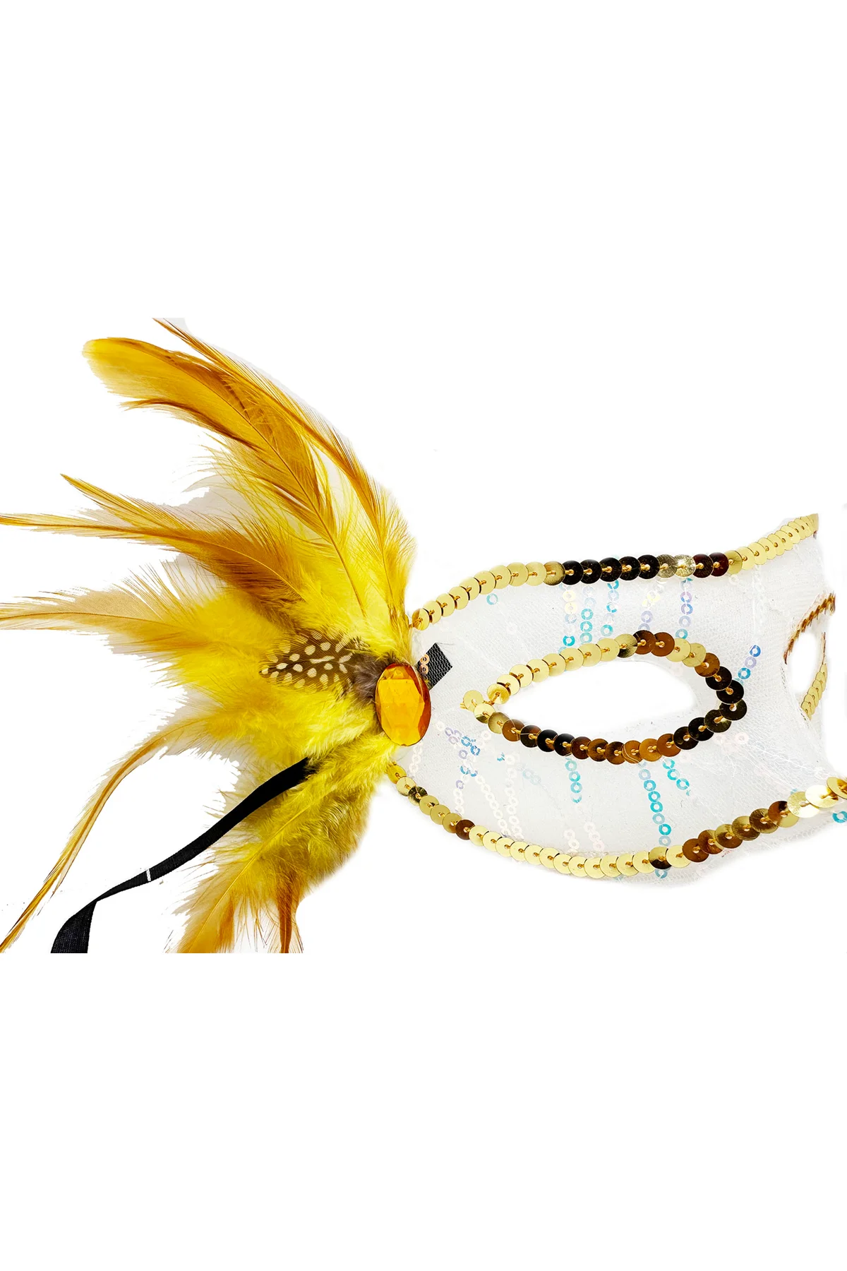 Altın Renk Yandan Tüylü Pul Payet İşlemeli Parti Maskesi 23x12 cm - Just Cheap Store Görsel 2