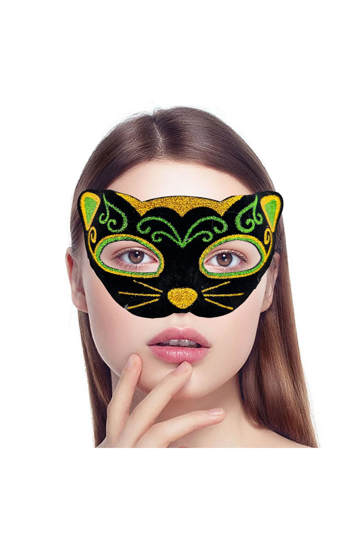 Siyah Kadife Kaplama Üzeri Sarı Yeşil Sim İşlemeli Kedi Maskesi 20x13 cm - Just Cheap Store Görsel 2