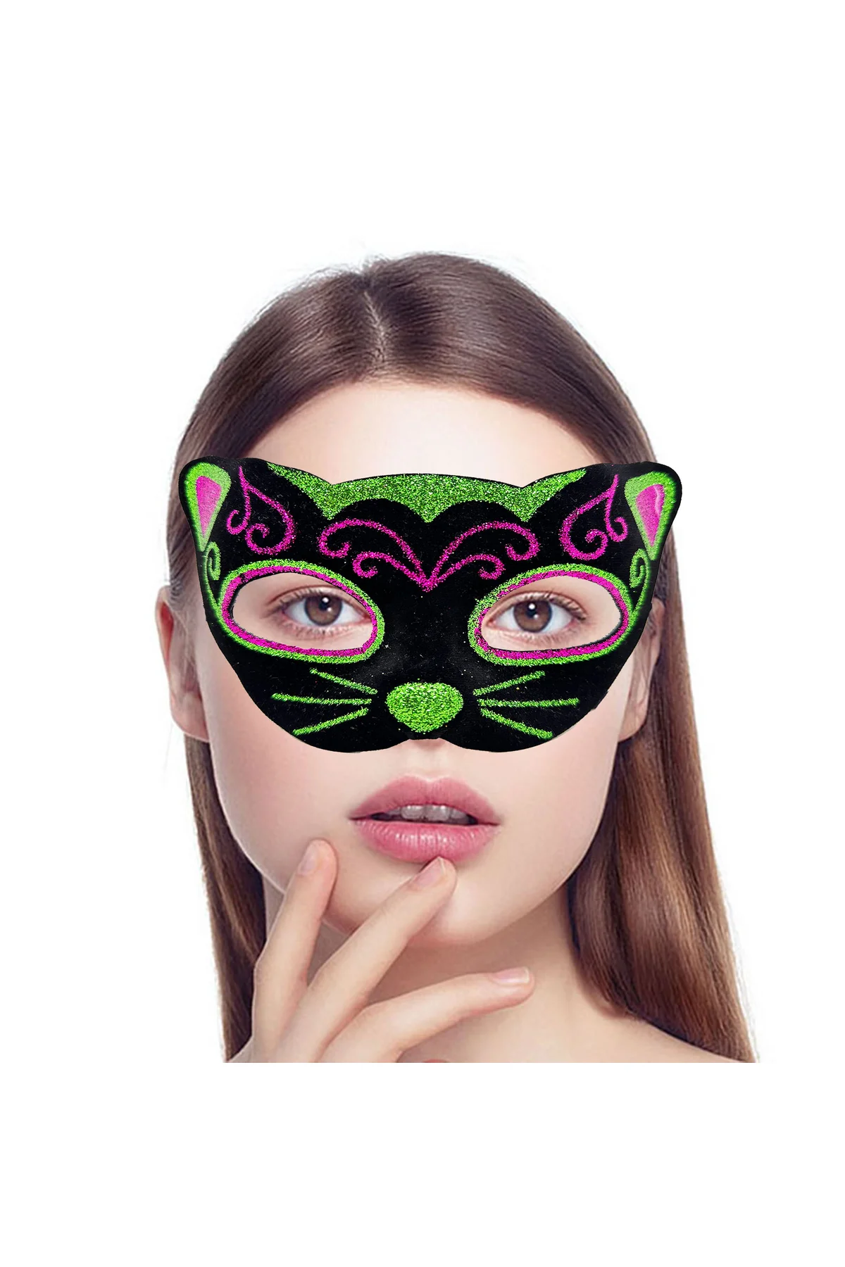 Siyah Kadife Kaplama Üzeri Pembe Yeşil Sim İşlemeli Kedi Maskesi 20x13 cm - Just Cheap Store Görsel 2