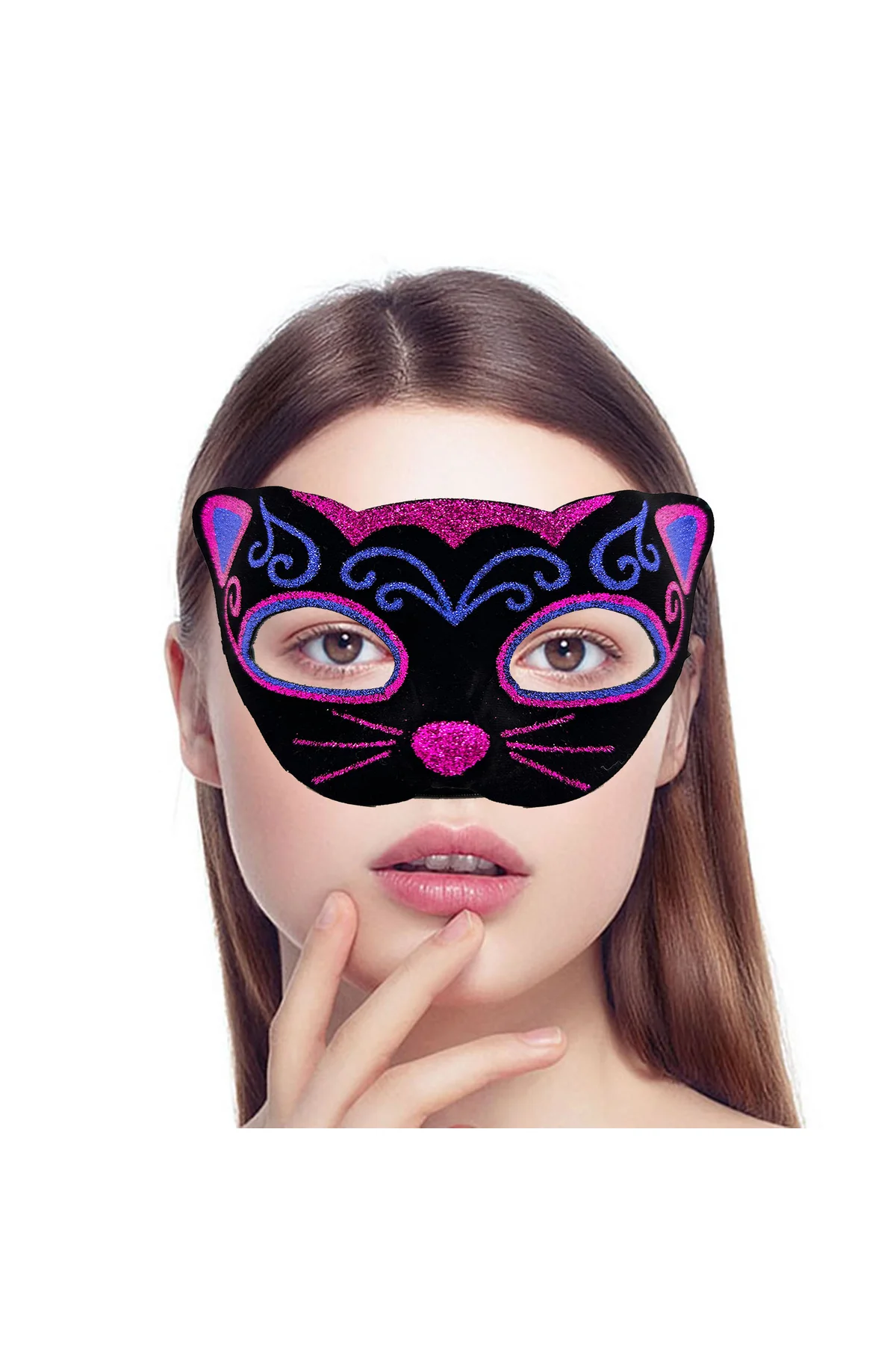 Siyah Kadife Kaplama Üzeri Pembe Mavi Sim İşlemeli Kedi Maskesi 20x13 cm - Just Cheap Store Görsel 2