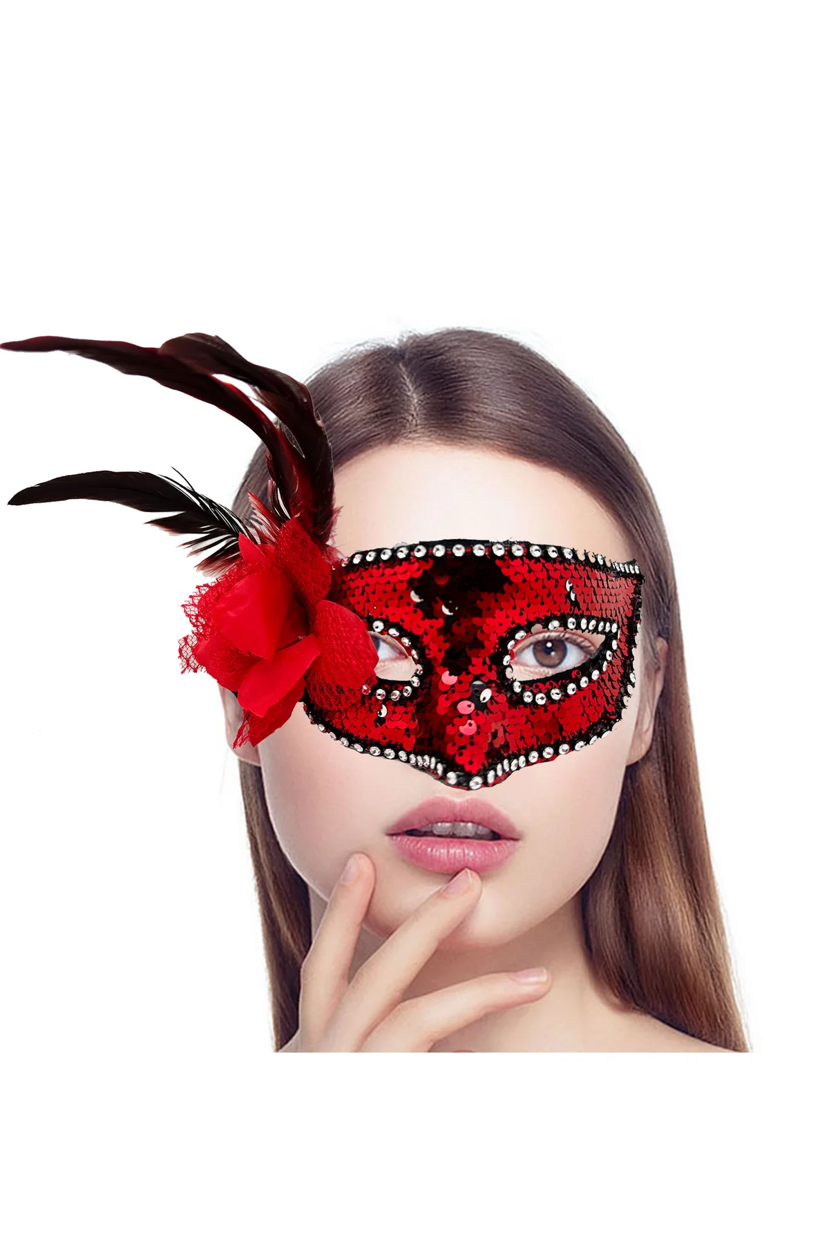 Kırmızı Renk Yandan Tüylü Güllü Gümüş Taşlı Pullu Maske 20x22 cm - Just Cheap Store Görsel 2