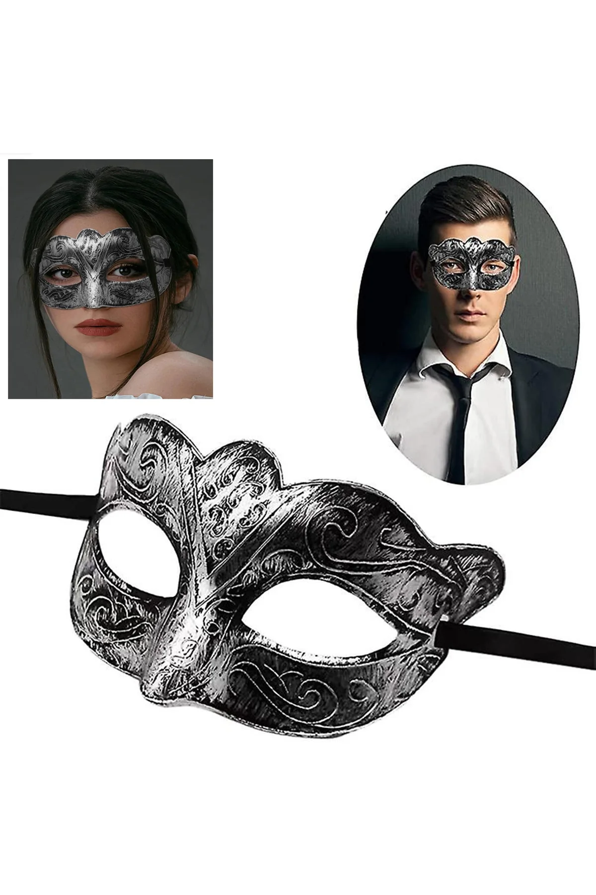 Maskeli Balo Antik Gri Gümüş Eskitilmiş Maske Balo Venedik (4741)