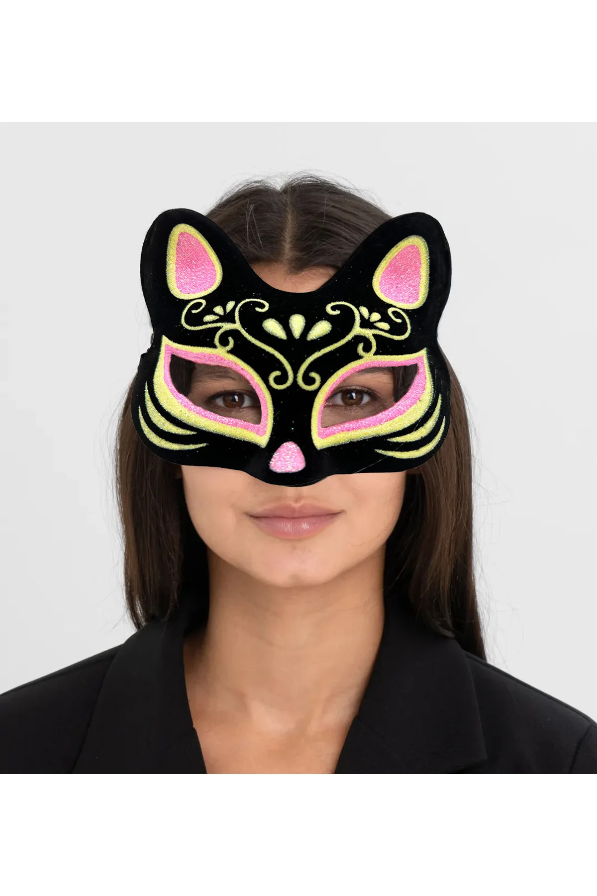 Siyah Renk Süet Kaplama Üzeri Pembe Sarı Simli Kedi Maskesi 17x14 cm - Just Cheap Store Görsel 2
