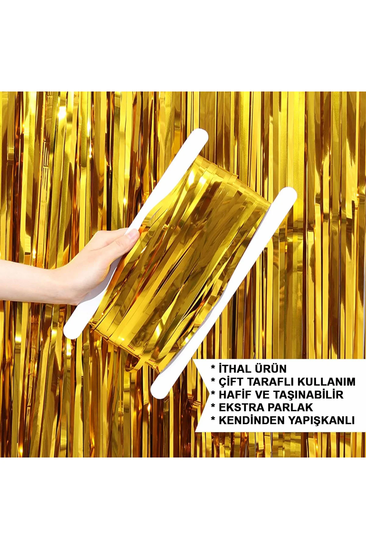 Altın Gold Renk Ekstra Metalize Parlak Saçaklı Arka Fon Perde İthal A Kalite 1x2 Metre - Just Cheap Store Görsel 5