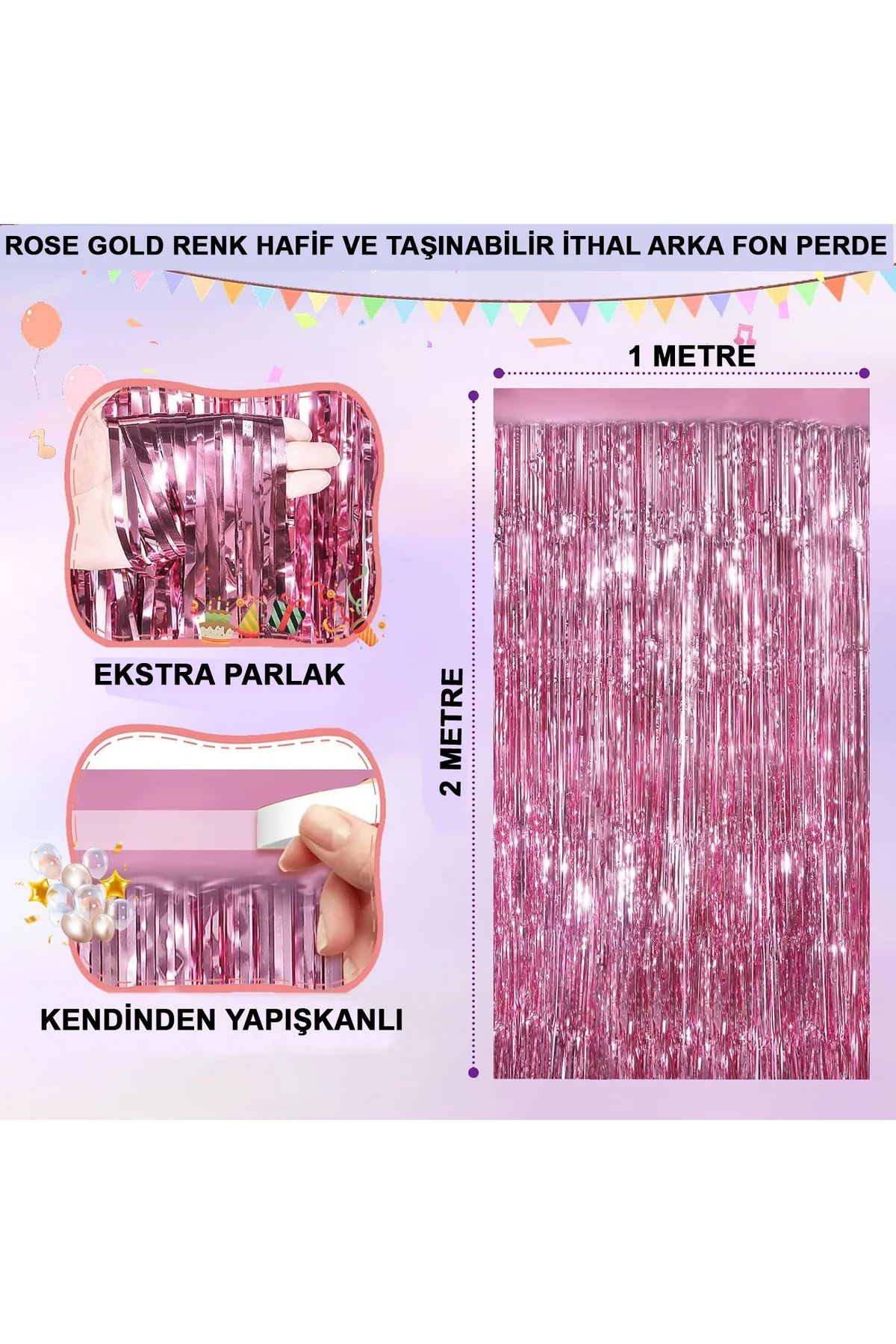 Rose Gold Renk Ekstra Metalize Parlak Saçaklı Arka Fon Perde İthal A Kalite 1x2 Metre (4741)