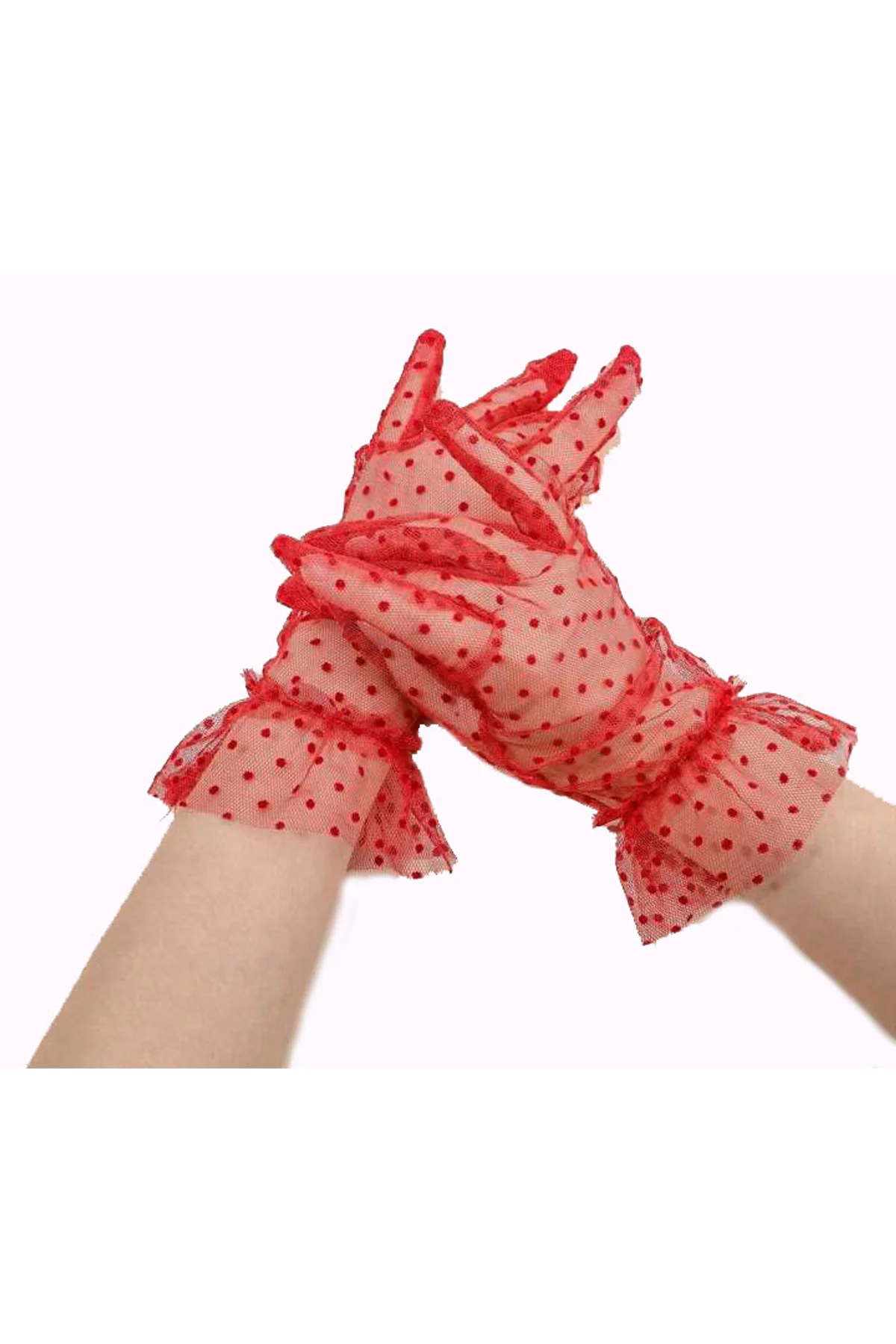 Kısa Boy Güpürlü Kırmızı Puantiyeli Tül Eldiven Kırmızı Renk (4741) - Just Cheap Store Görsel 2