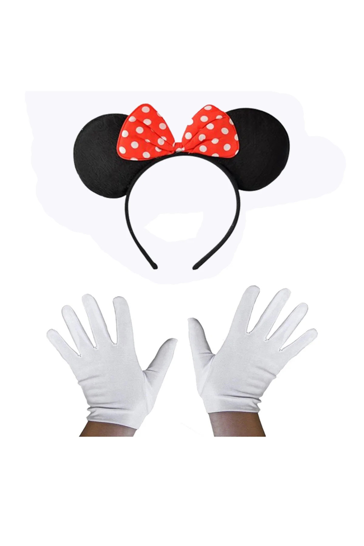 Kırmızı Fiyonklu Minnie Mouse Tacı ve Beyaz Eldiven Seti