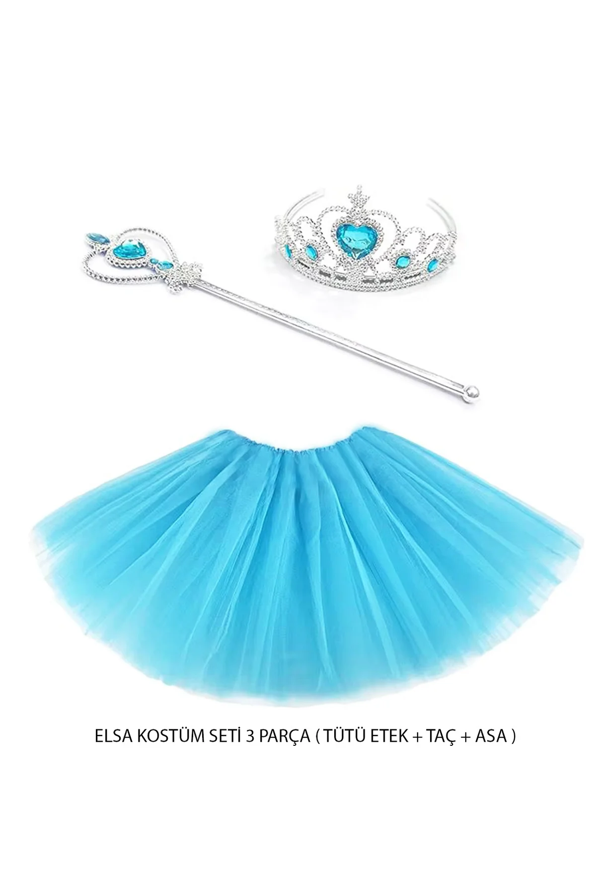 Mavi Prenses Elsa Kostüm Seti 3 Parça (Tütü Etek + Taç + Asa ) (4741)