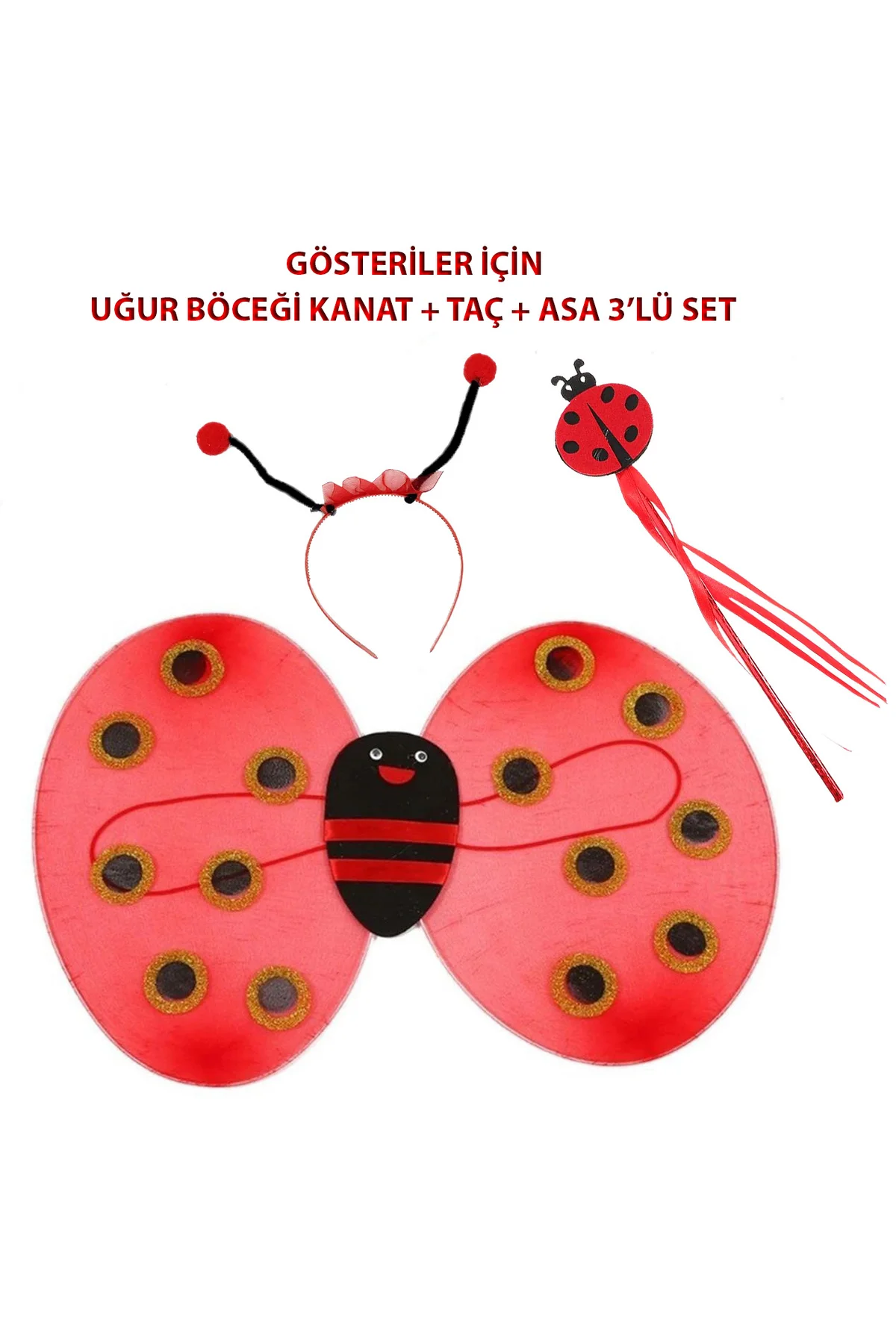 Çocuk Gösteri İçin Uğur Böceği Kanat + Taç + Asa 3&amp;apos;lü Kostüm Seti (4741)