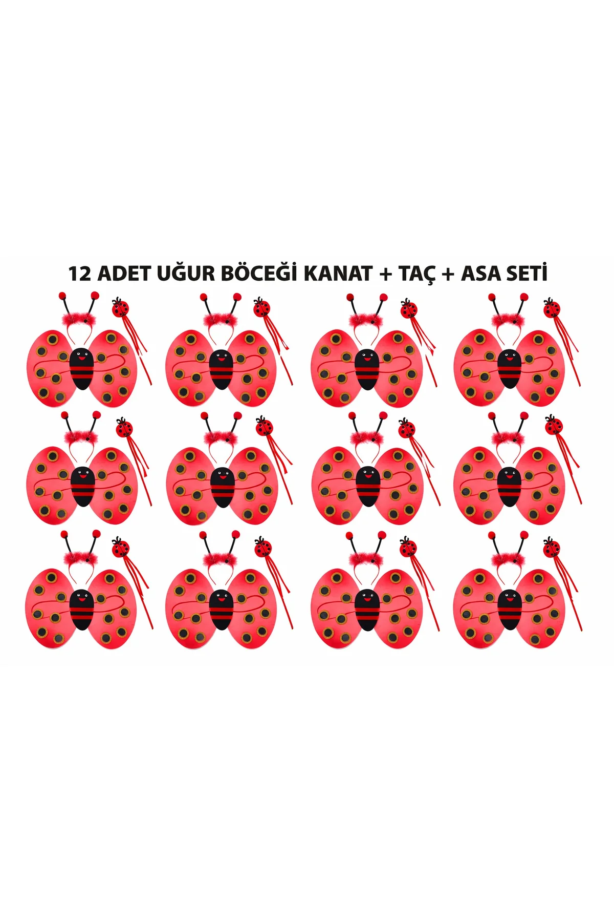 Uğur Böceği Kostüm Seti - Kanat Taç Asa 3 Parça 12 Adet (4741)