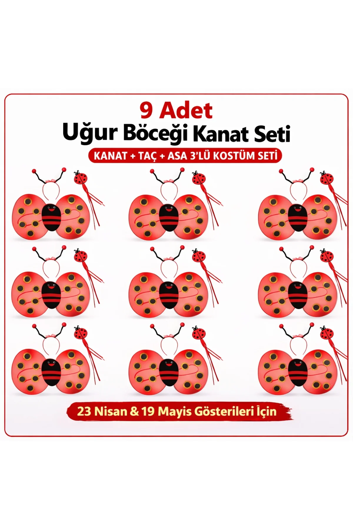 9’lu Uğur Böceği Ateş Böceği Kostüm Seti – Kanat Taç Asa (4741)