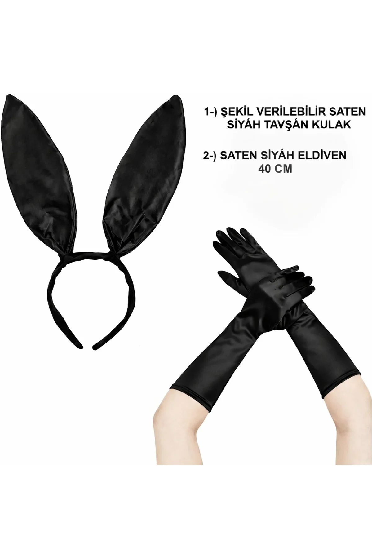 Siyah Parlak Tavşan Kulak ve 40 cm Parlak Siyah Eldiven Kostüm Seti (4741)