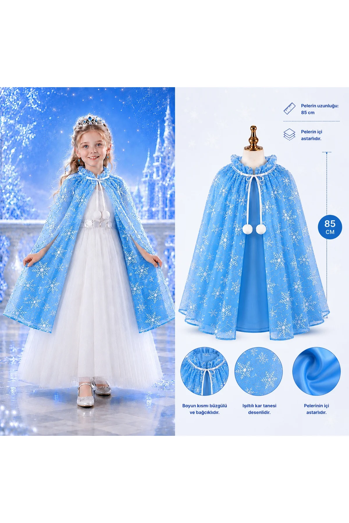 Kar Tanesi Desenli Mavi Elsa Pelerini - Astarlı Frozen Pelerini 85 cm (4741)