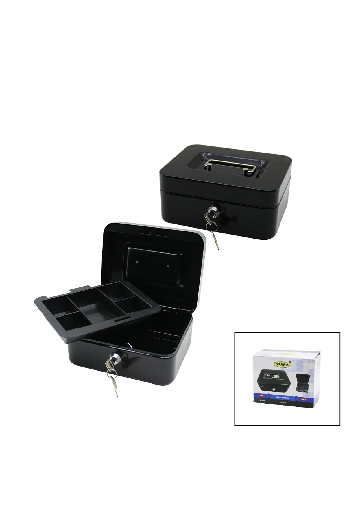 ANAHTARLI KÜÇÜK METAL PARA -DEĞERLİ EŞYA KUTUSU 2KAT=TEK+6 BÖLME TAŞIMA KULP - 15.2X11.8X8CM