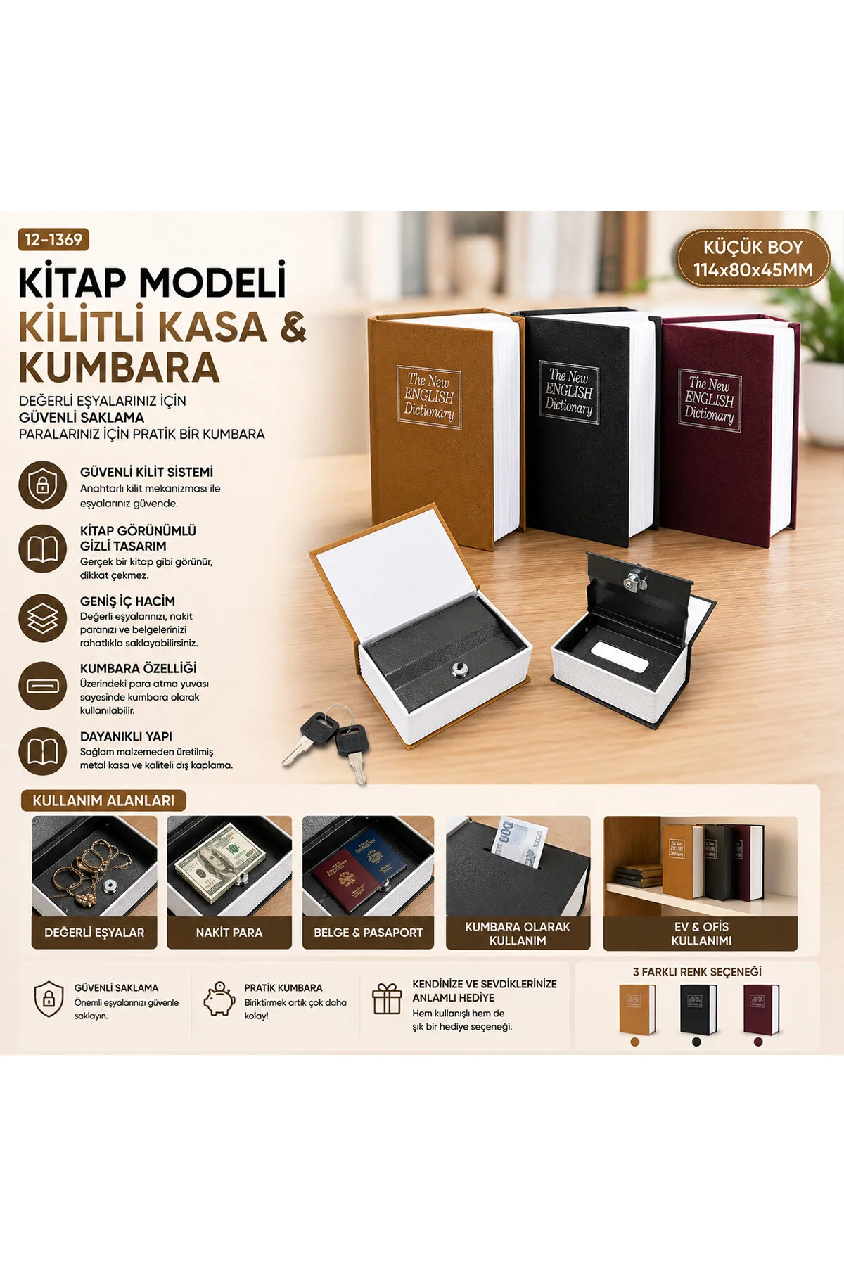 KÜÇÜK=114X80X45MM KİTAP MODELİ KİLİTLİ KASA - KUMBARA RENKLİ (4741) - Just Cheap Store Görsel 3