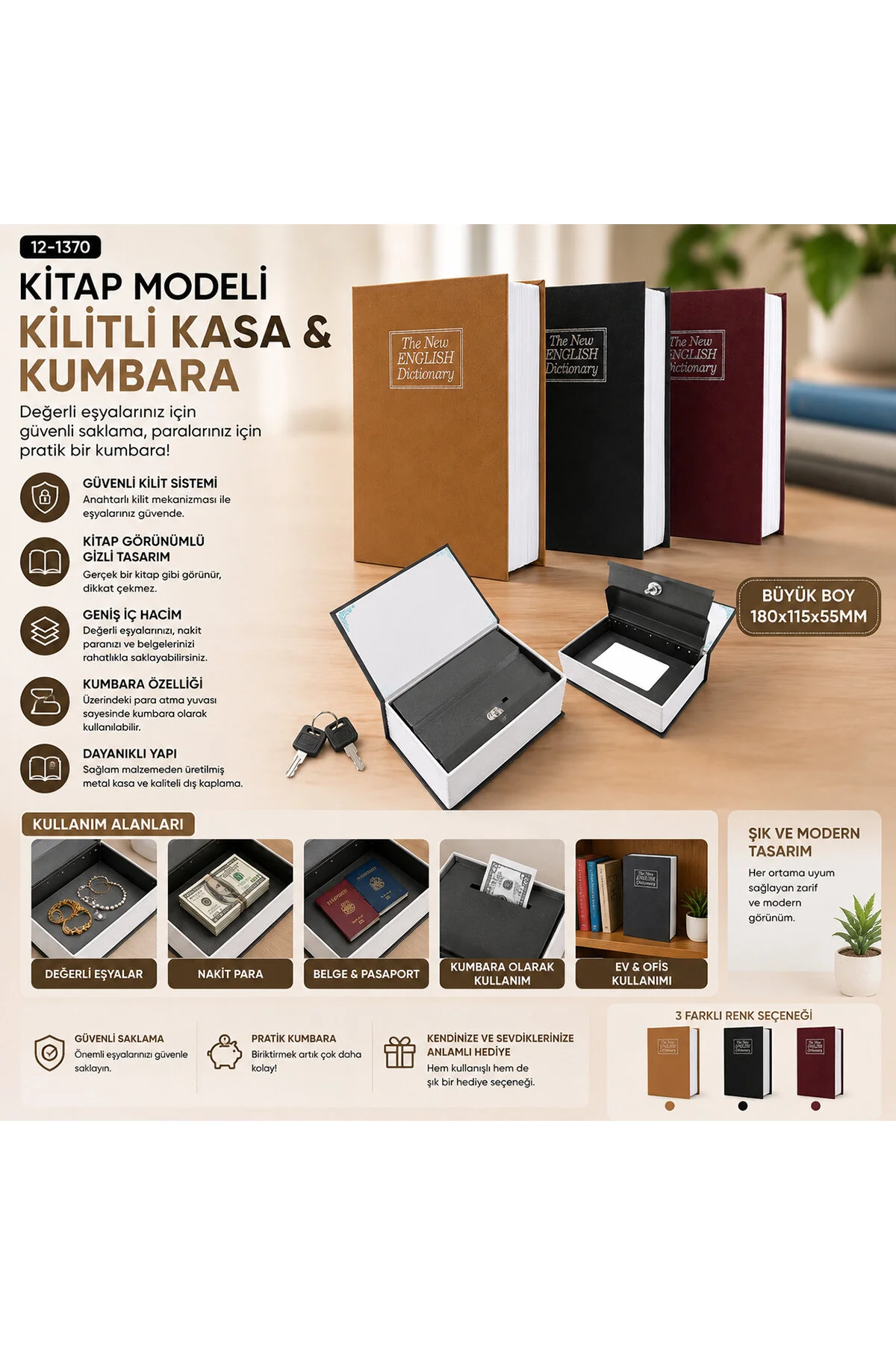 BÜYÜK=180X115X55MM KİTAP MODELİ KİLİTLİ KASA - KUMBARA RENKLİ (4741) - Just Cheap Store Görsel 3