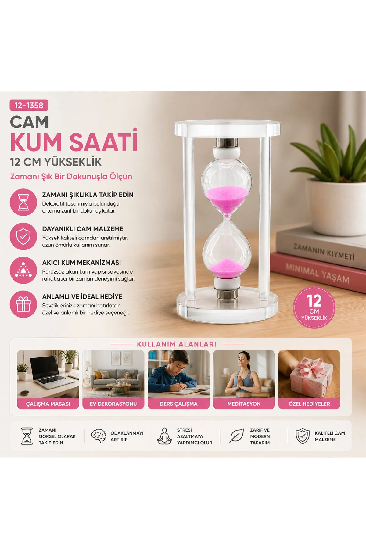 ORTA CAM KUM SAATİ CAM STANDLI= ÇAP: 6.8CM-YÜKSEKLİK: 12CM (4741) - Just Cheap Store Görsel 2