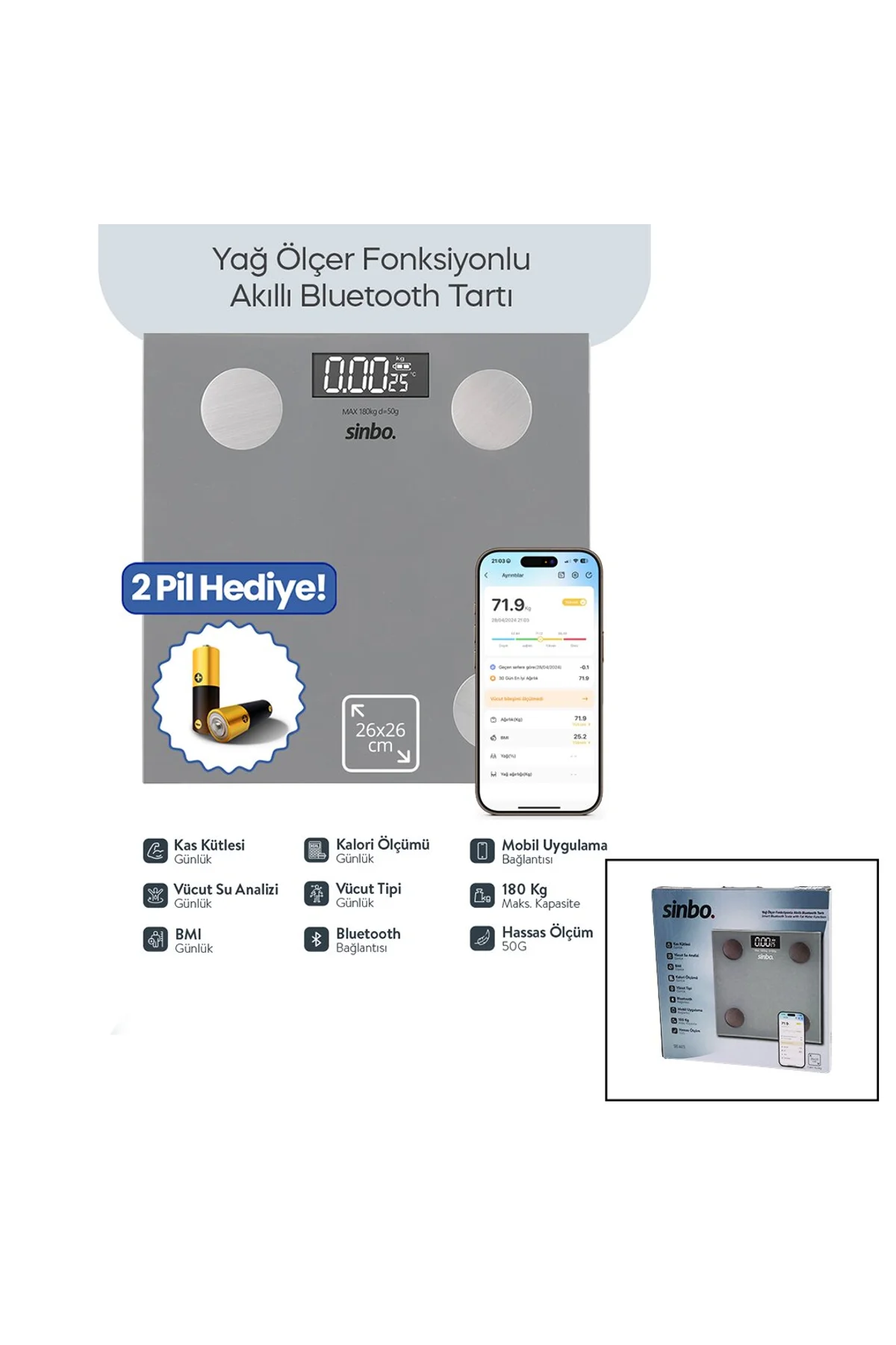 GRİ YAĞ ÖLÇER AKILLI BLUETOOTH CAM BASKÜL PİLLİ 180KG/50GR 26X26CM 8-KİŞİ HAFIZA LCD EKRAN ℃ GÖSTERG