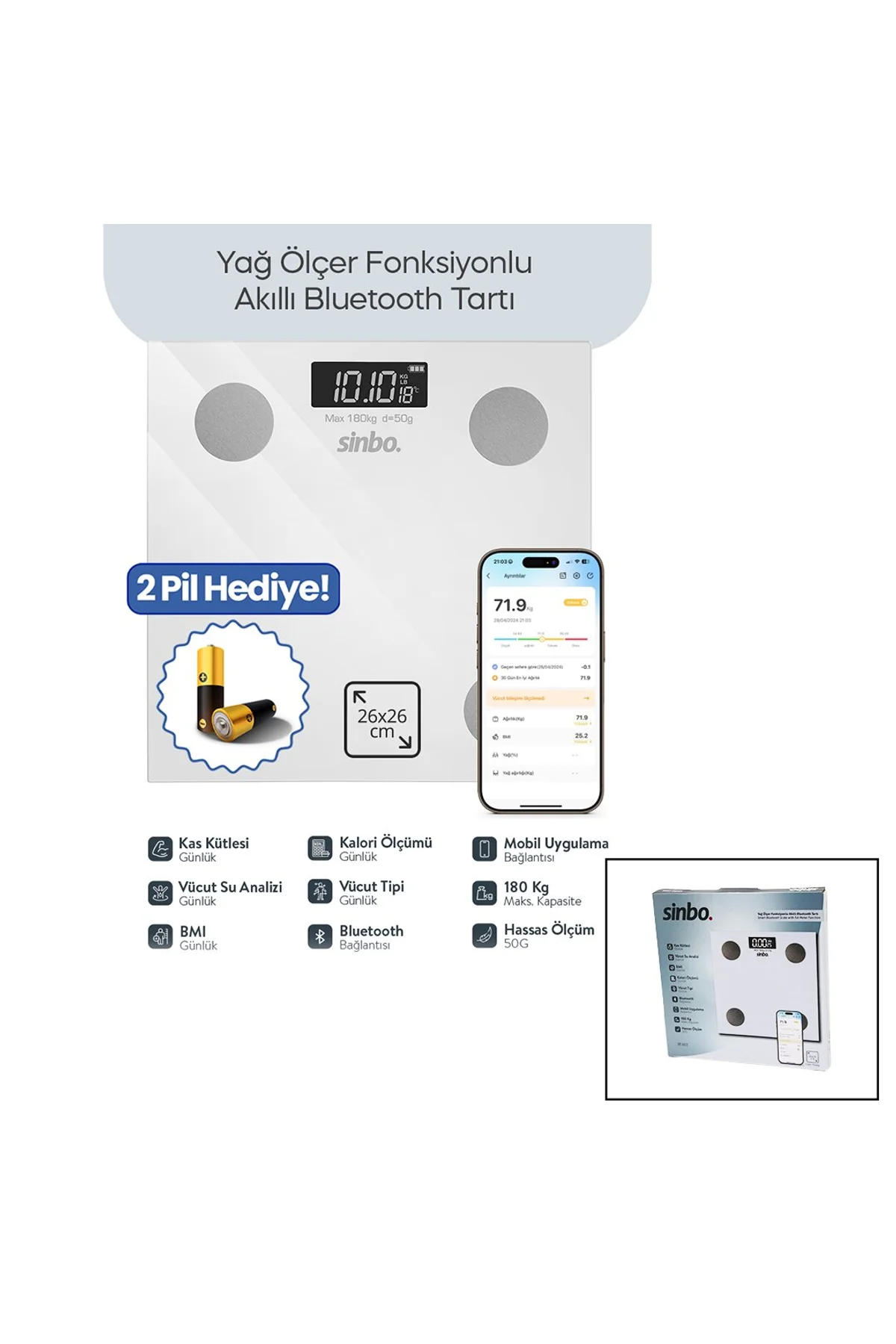 BEYAZ YAĞ ÖLÇER AKILLI BLUETOOTH CAM BASKÜL PİLLİ 180KG/50GR 26X26CM 8-KİŞİ HAFIZA LCD EKRAN ℃ GÖSTE