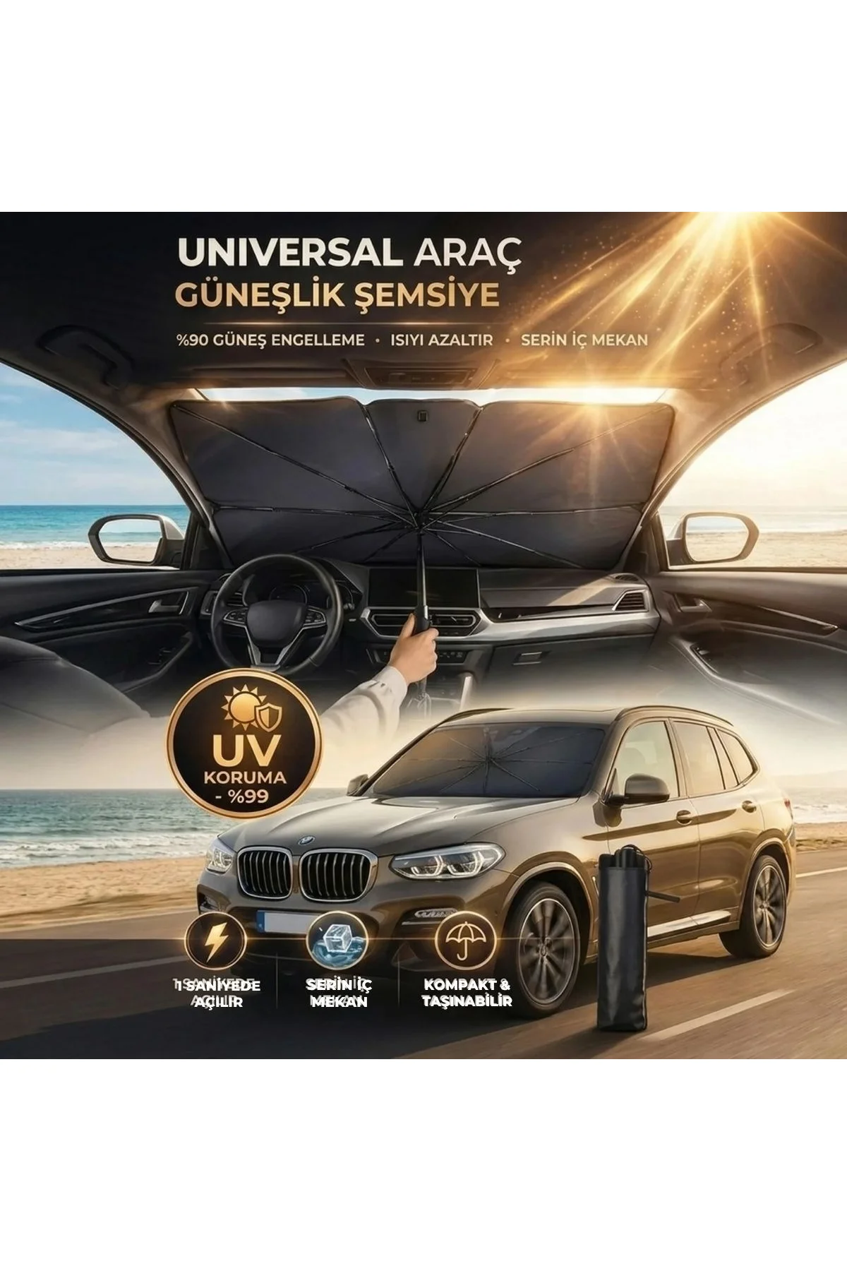 Premium Katlanabilir Araç Ön Cam Güneşliği – Şemsiye Tipi Oto Güneşlik, UV Korumalı Isı Yalıtımlı Ön