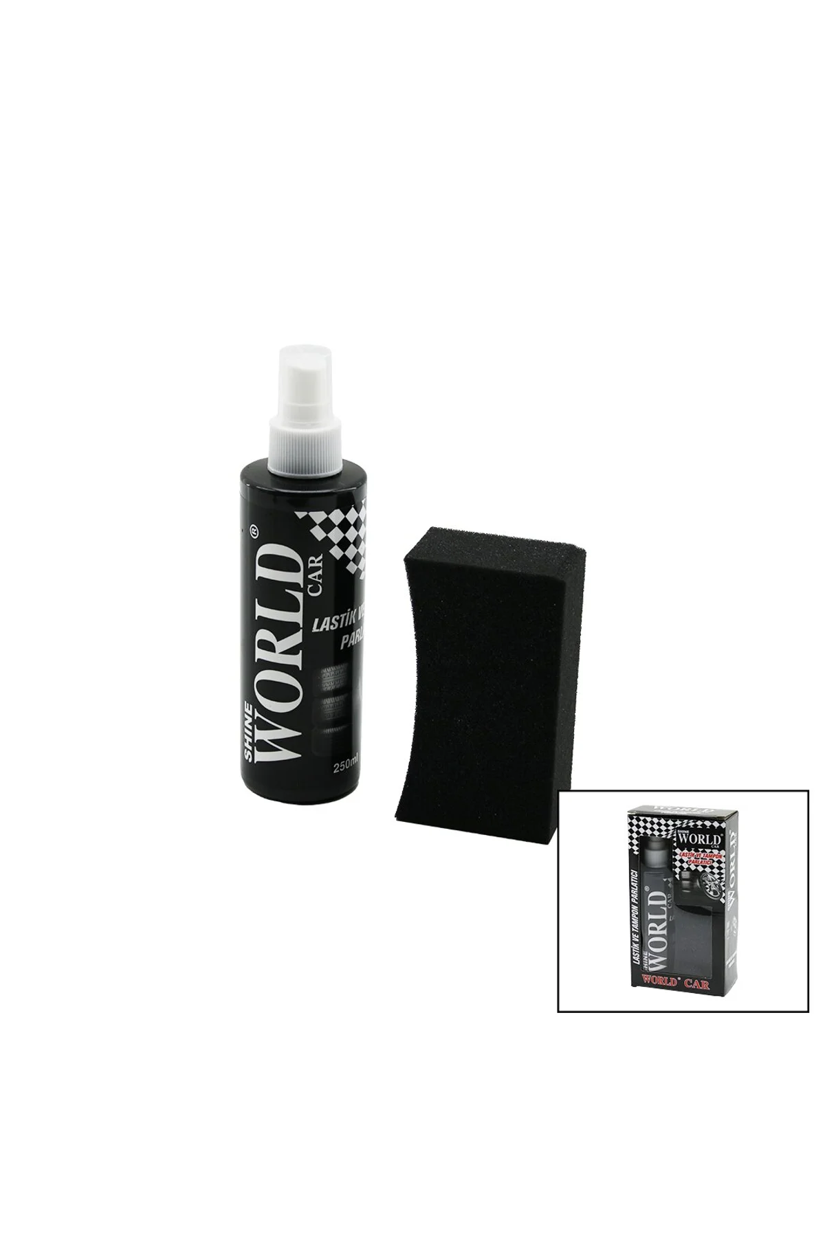SHINE WORLD CAR LASTİK - TAMPON PARLATICI SPREY SETİ PLASTİK ŞİŞE 250ML ± %10 PARLATMA SÜNGERİ (4741
