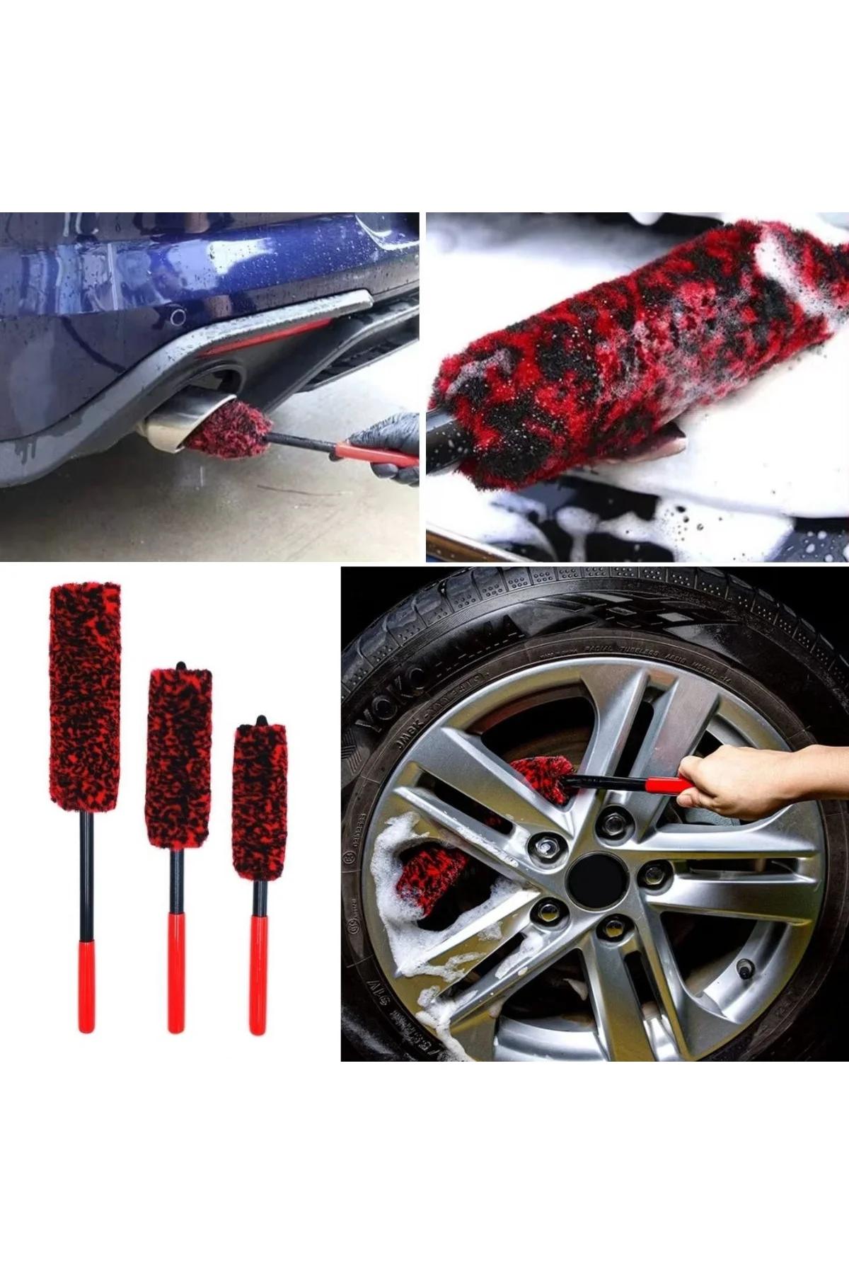 3lü Bükülebilen Peluş Detaylı Temizlik İçin Oto Jant, Egzos Temizleme Fırçası
