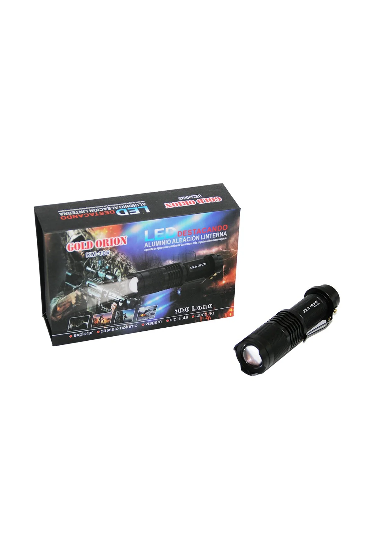 GOLD ORION KM-106 ZOOMLU EL FENERİ FİŞLİ PİL ŞARJ CİHAZLI SİYAH METAL KASA 12.5CM 3000 LUMEN (4741)
