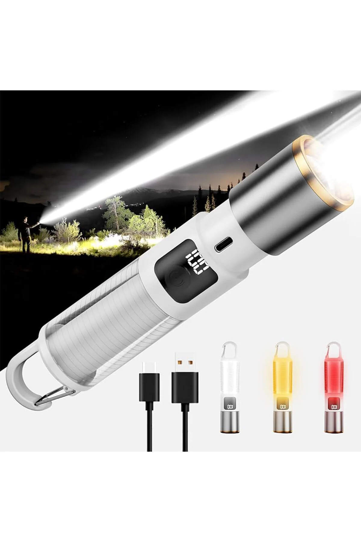 2İN1 KAMP - ÇOK AMAÇLI EL FENERİ USB ŞARJLI ZOOM 6 FONKSİYON IŞIK=DOĞAL - RENKLİ ASKI MANDALI ŞARJ G - Just Cheap Store Görsel 4