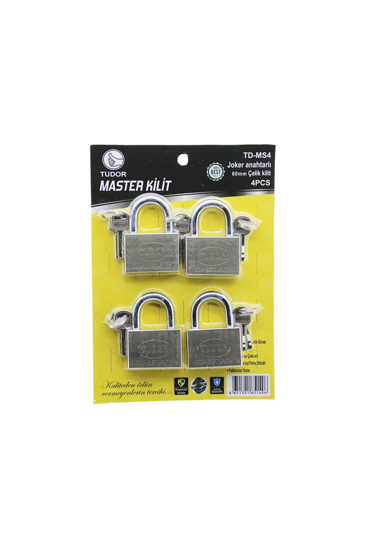 TUDOR TD-MS4 MASTER 4PCS JOKER ANAHTARLI=TEK ANAHTARLA 4 KİLİT AÇ 60MM - GRİ KISA KANCALI ÇELİK ASMA