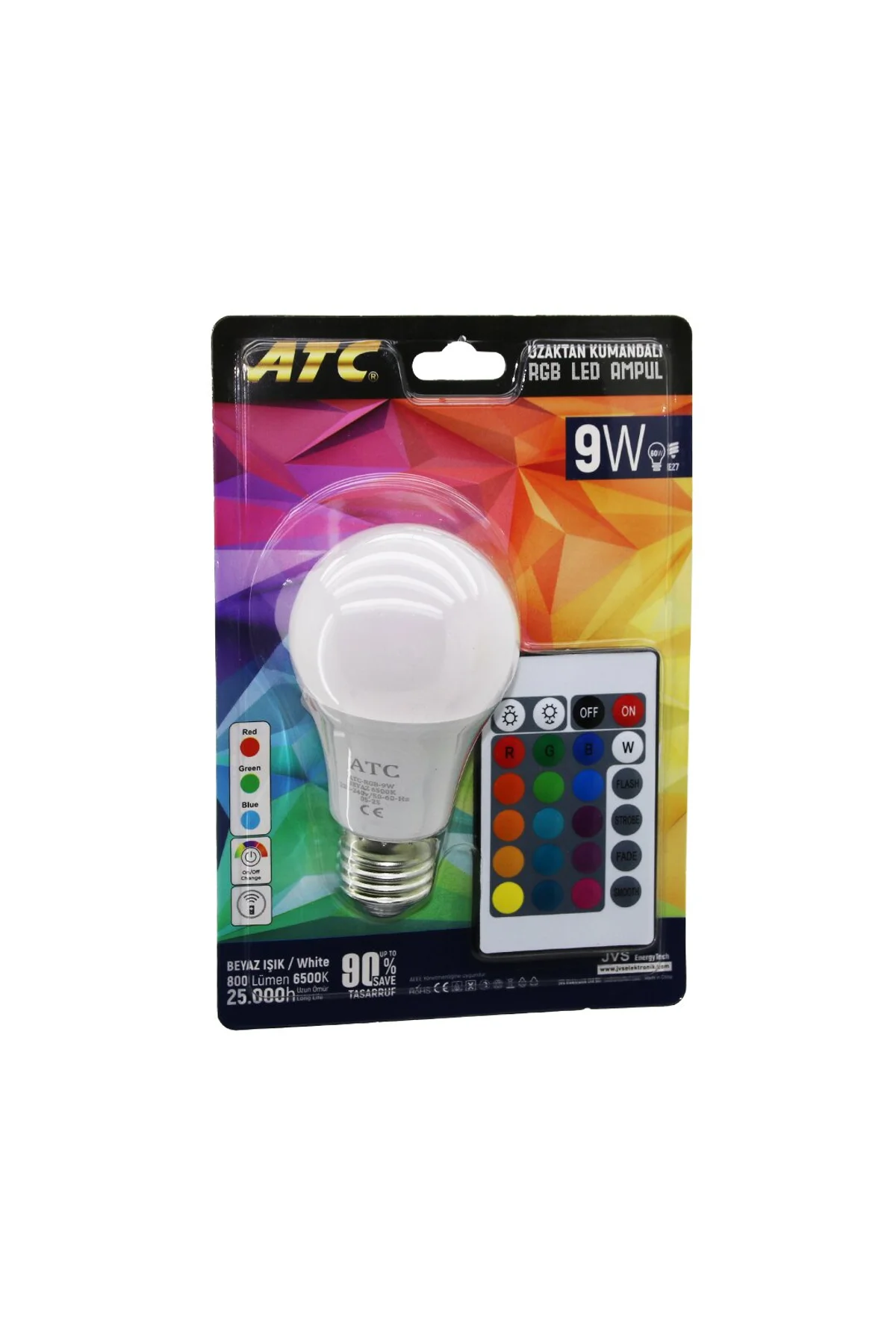 ATC-RGB-9W KUMANDALI 9W=60W RGB=16-RENKLİ LED AMPUL E27 800 LÜMEN 6500K 25.000 SAAT ÖMÜR (4741)